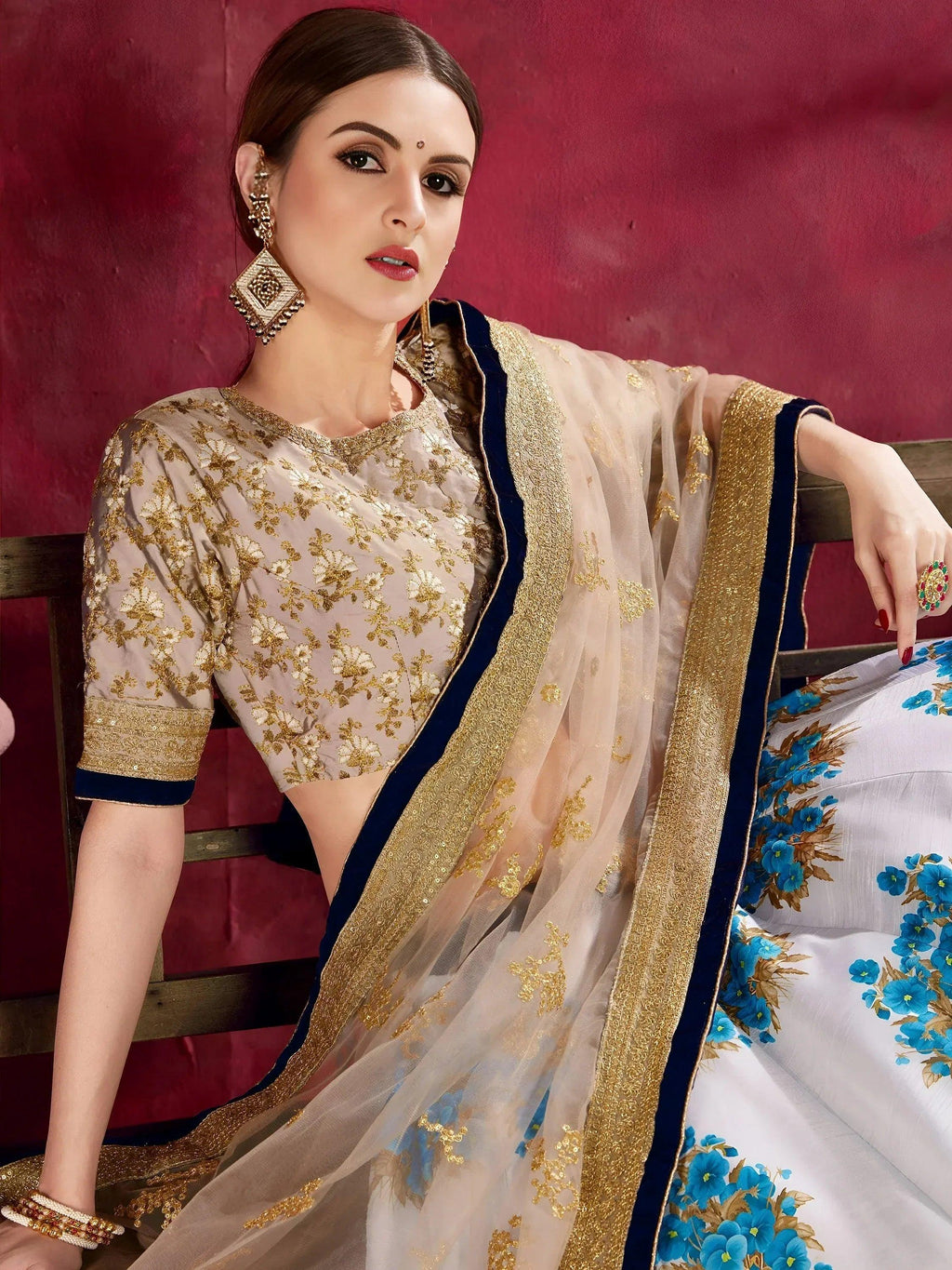 Tulsi Art Attractive White Floral Print Banglori Silk Wedding Lehenga Choli | Grocsy