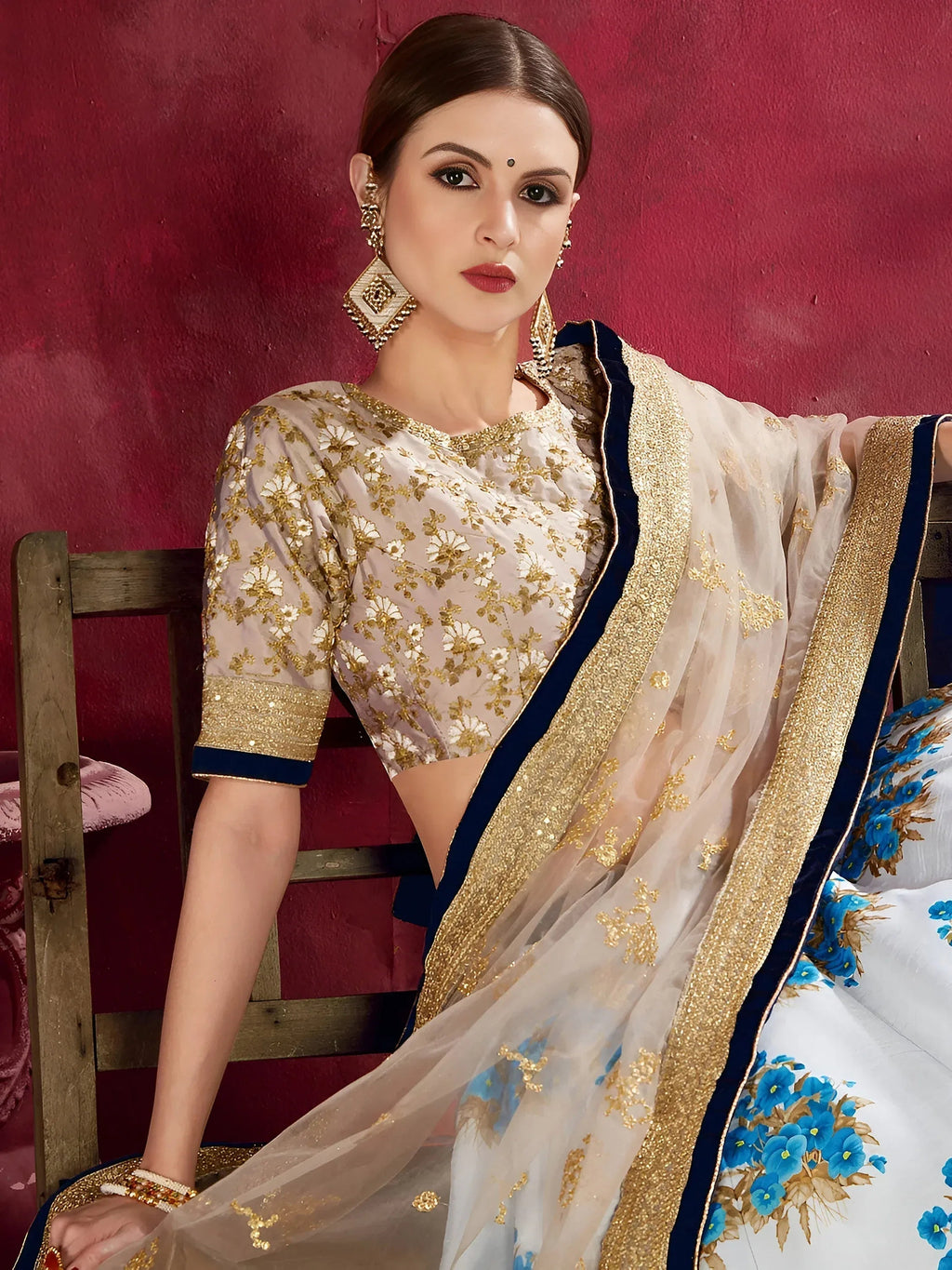Tulsi Art Attractive White Floral Print Banglori Silk Wedding Lehenga Choli | Grocsy