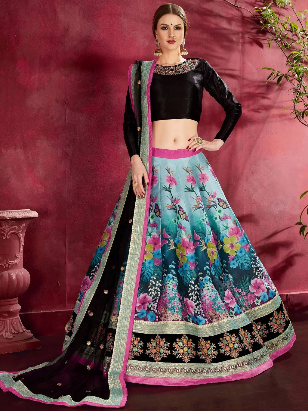 Tulsi Art Attractive Blue Floral Printed Banglori Silk Bridal Lehenga With Black Choli | Grocsy