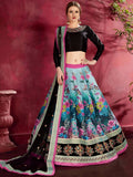 Tulsi Art Attractive Blue Floral Printed Banglori Silk Bridal Lehenga With Black Choli | Grocsy