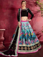Tulsi Art Attractive Blue Floral Printed Banglori Silk Bridal Lehenga With Black Choli | Grocsy