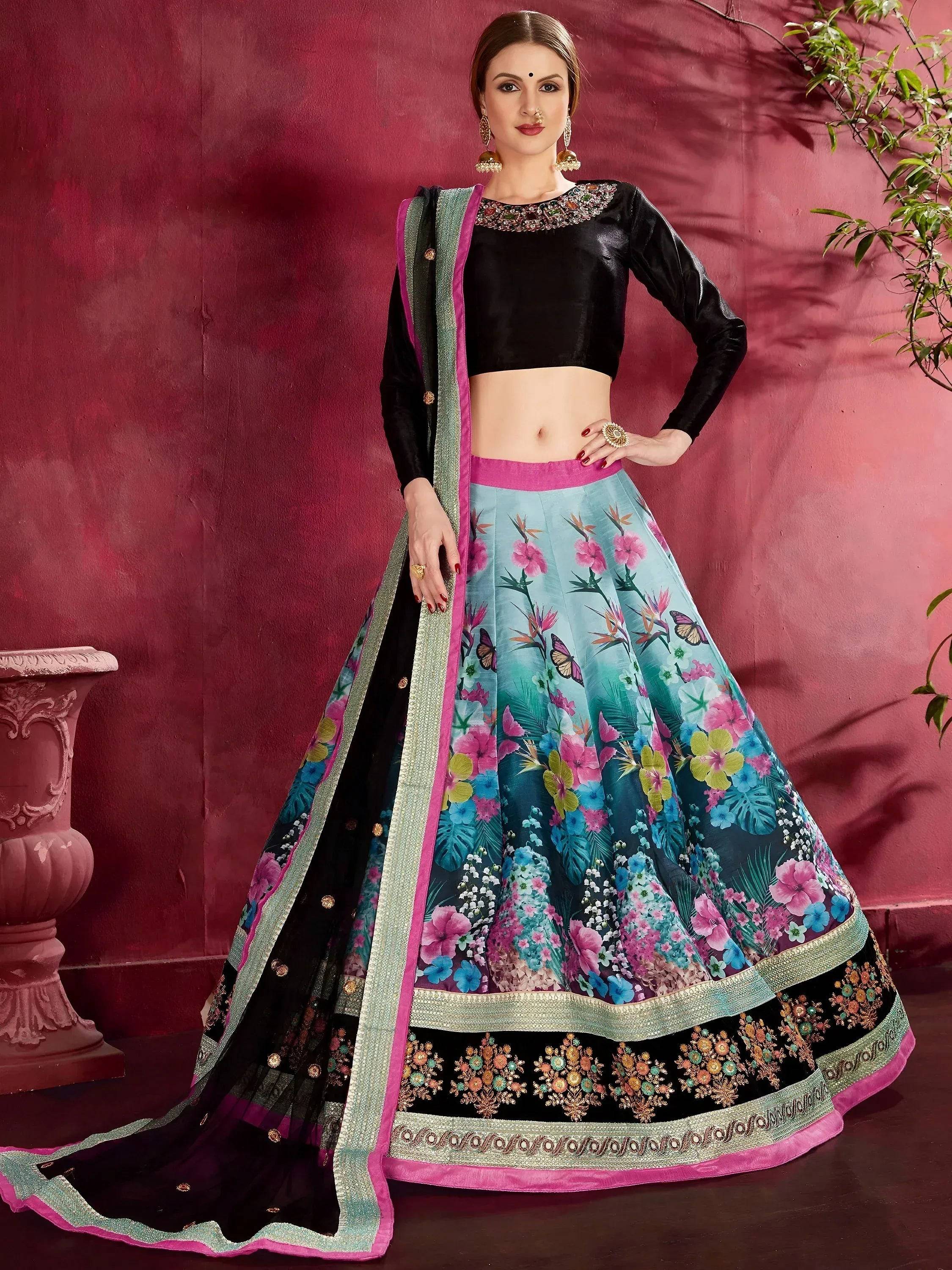 Tulsi Art Attractive Blue Floral Printed Banglori Silk Bridal Lehenga With Black Choli | Grocsy