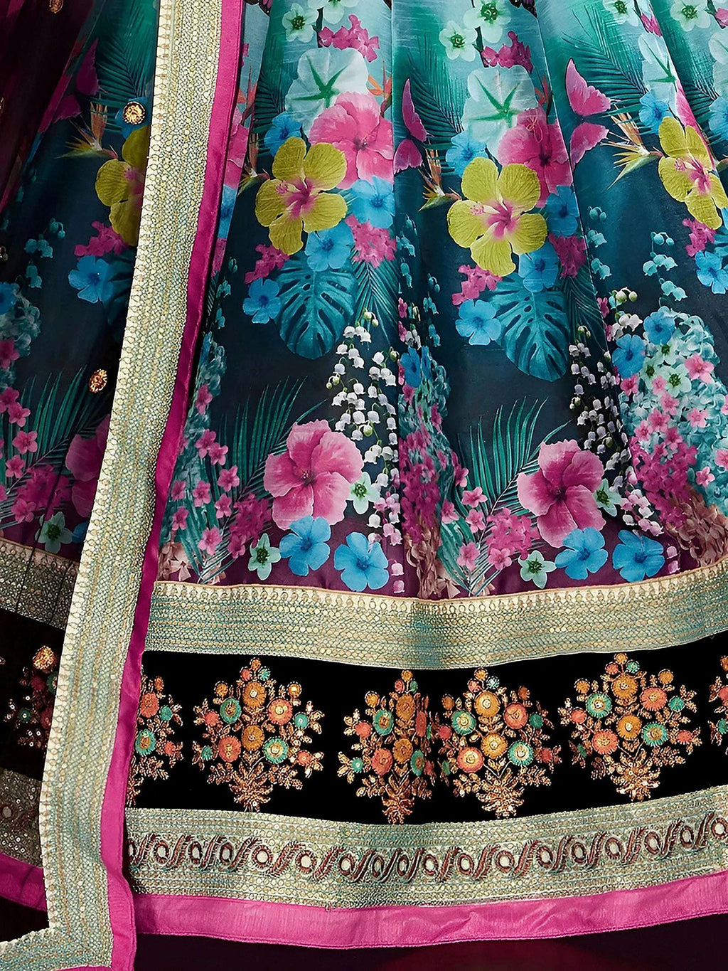 Tulsi Art Attractive Blue Floral Printed Banglori Silk Bridal Lehenga With Black Choli | Grocsy