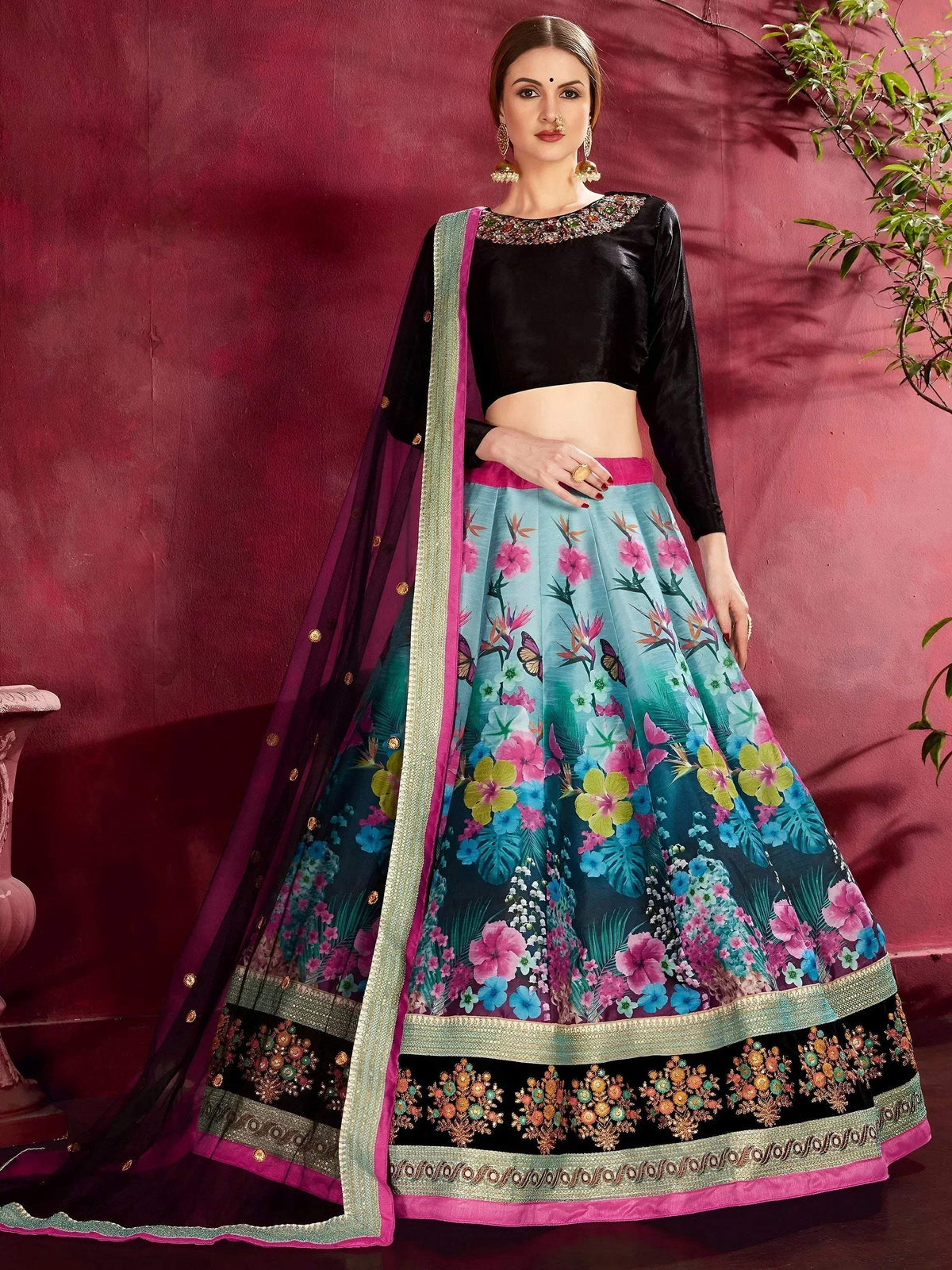 Tulsi Art Attractive Blue Floral Printed Banglori Silk Bridal Lehenga With Black Choli | Grocsy