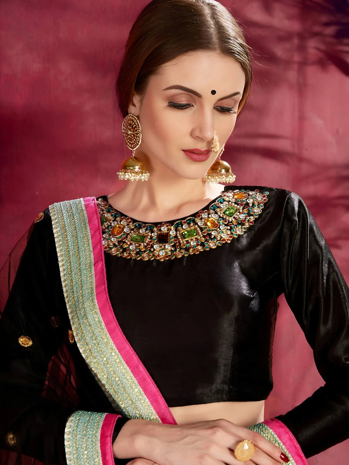 Tulsi Art Attractive Blue Floral Printed Banglori Silk Bridal Lehenga With Black Choli | Grocsy
