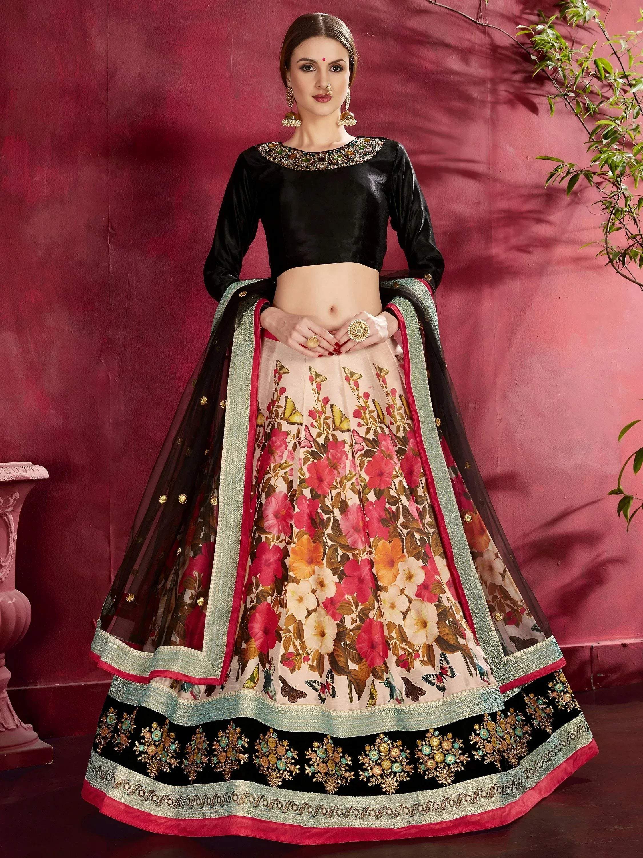 Tulsi Art Multi Color Floral Printed Banglory Silk Bridal Lehenga Black Choli And Dupatta | Grocsy