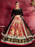 Tulsi Art Multi Color Floral Printed Banglory Silk Bridal Lehenga Black Choli And Dupatta | Grocsy