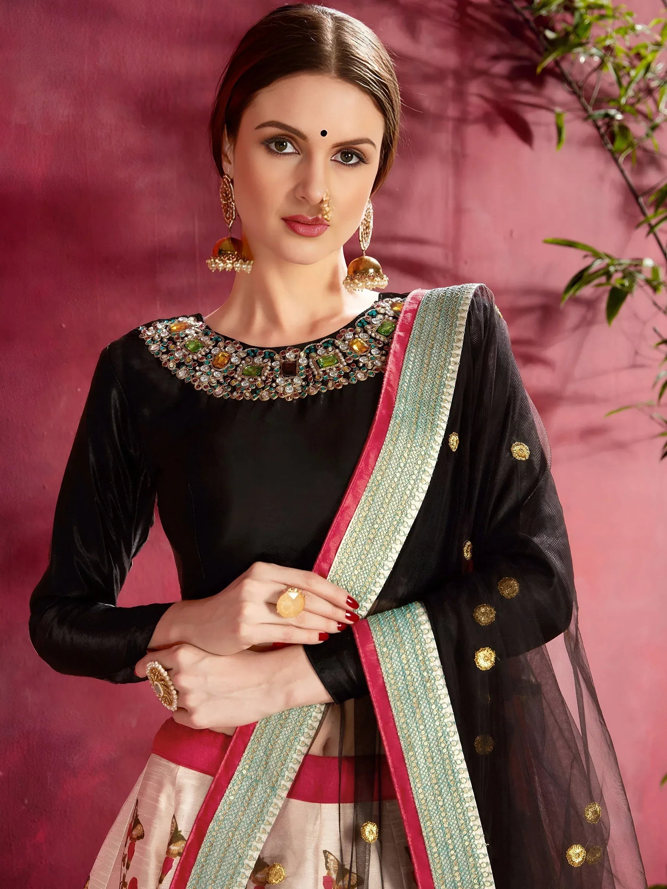 Tulsi Art Multi Color Floral Printed Banglory Silk Bridal Lehenga Black Choli And Dupatta | Grocsy