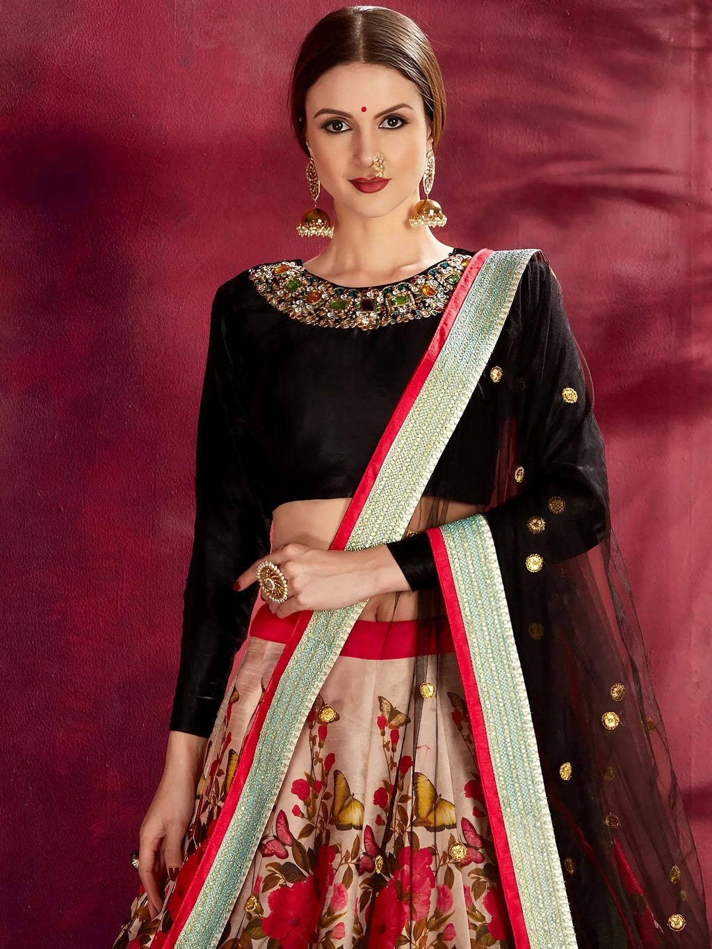 Tulsi Art Multi Color Floral Printed Banglory Silk Bridal Lehenga Black Choli And Dupatta | Grocsy