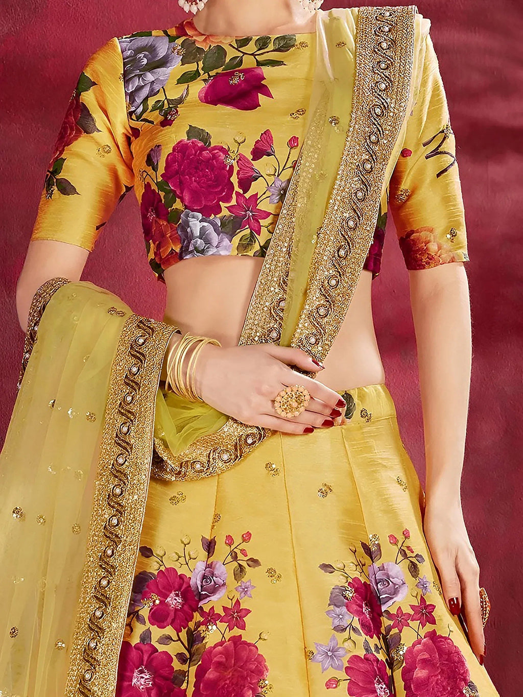 Tulsi Art Yellow Floral Printed Banglori Silk Bridal Lehenga Choli With Dupatta | Grocsy