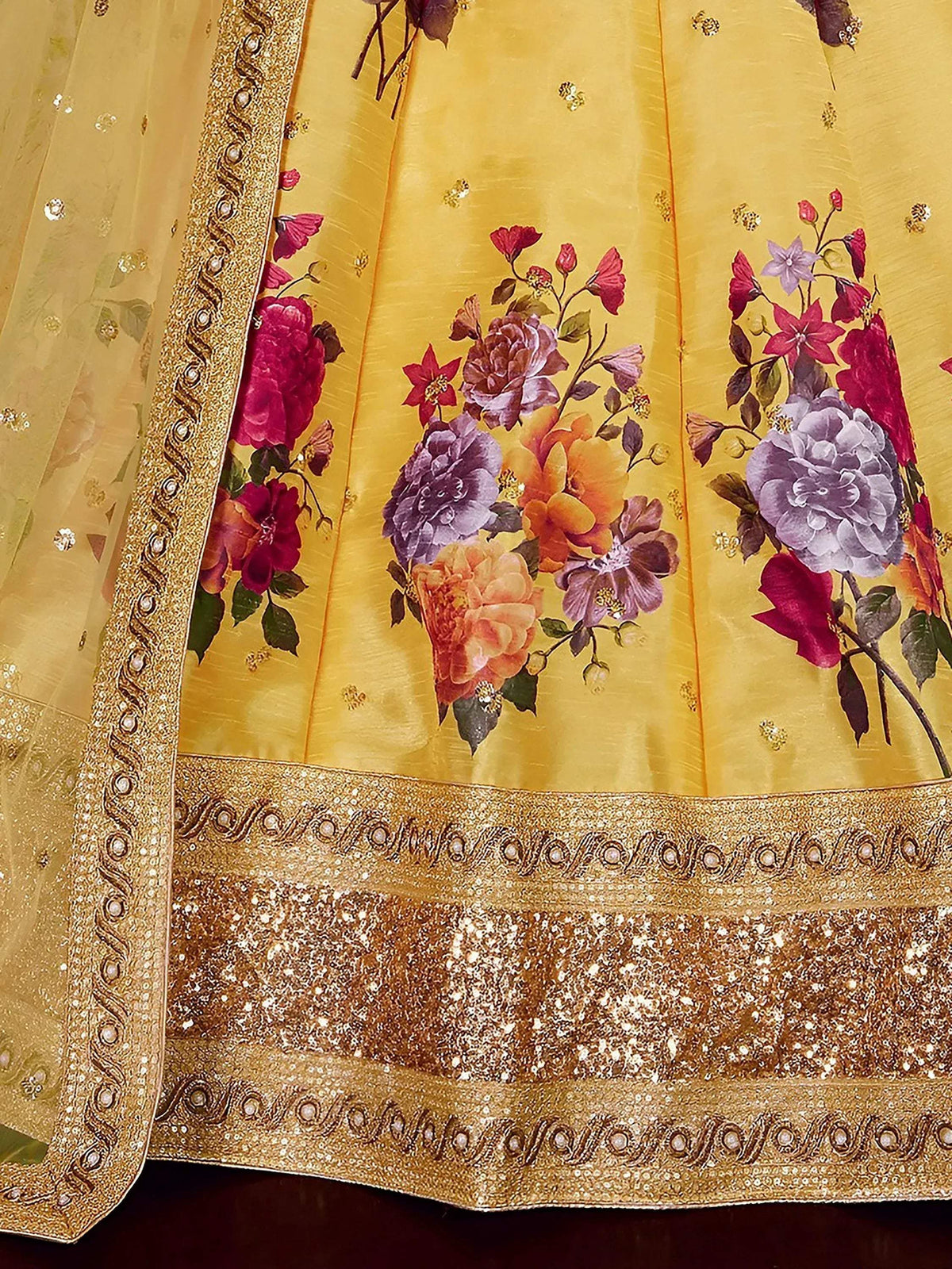 Tulsi Art Yellow Floral Printed Banglori Silk Bridal Lehenga Choli With Dupatta | Grocsy