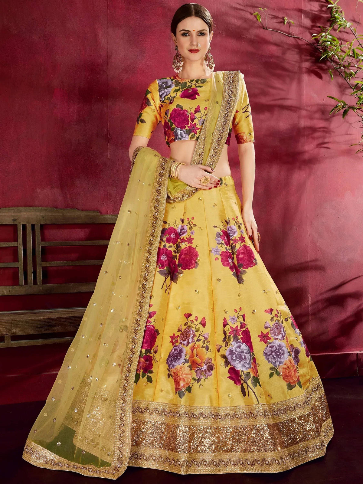 Tulsi Art Yellow Floral Printed Banglori Silk Bridal Lehenga Choli With Dupatta | Grocsy
