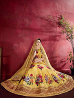 Tulsi Art Yellow Floral Printed Banglori Silk Bridal Lehenga Choli With Dupatta | Grocsy
