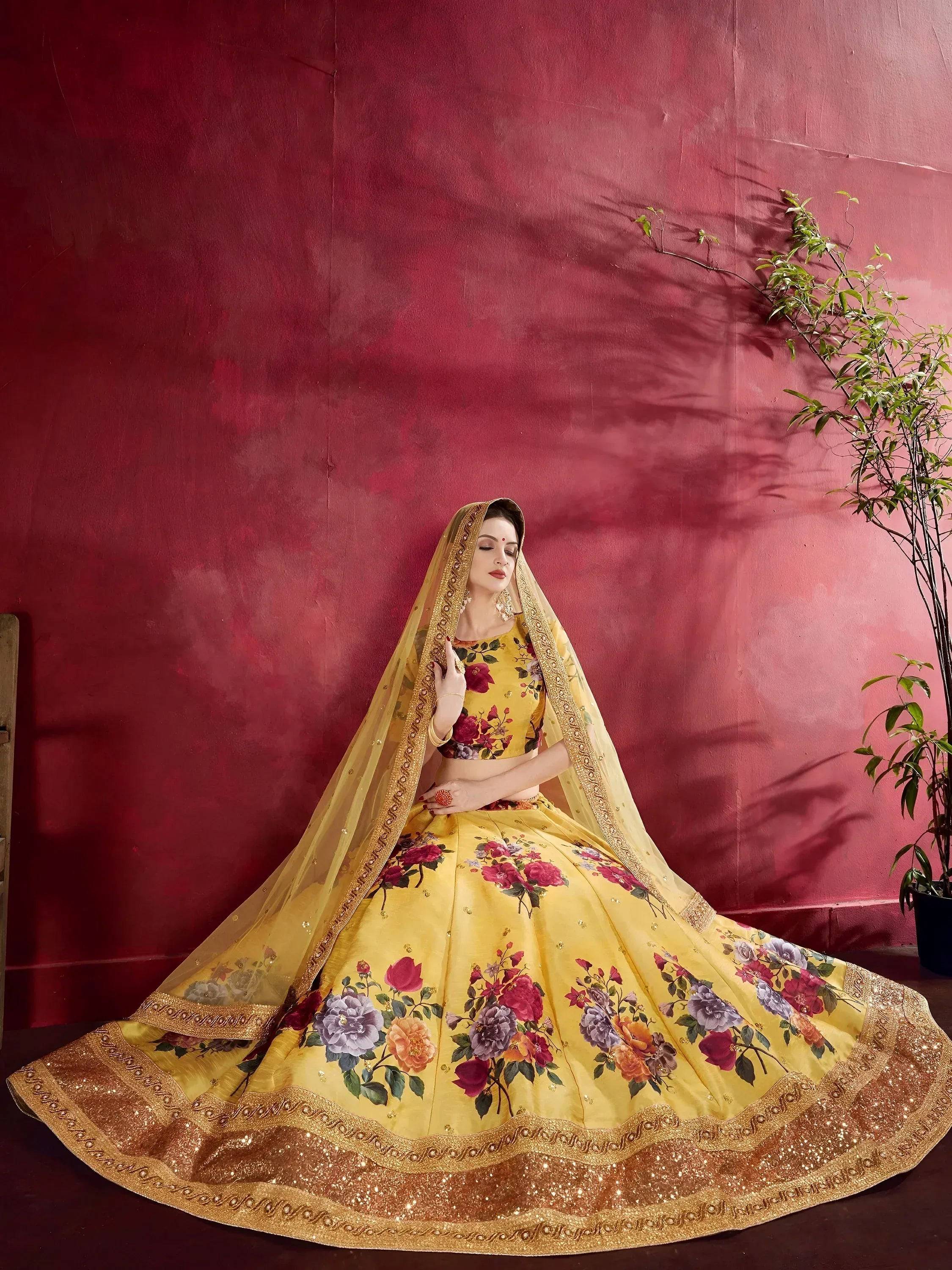 Tulsi Art Yellow Floral Printed Banglori Silk Bridal Lehenga Choli With Dupatta | Grocsy