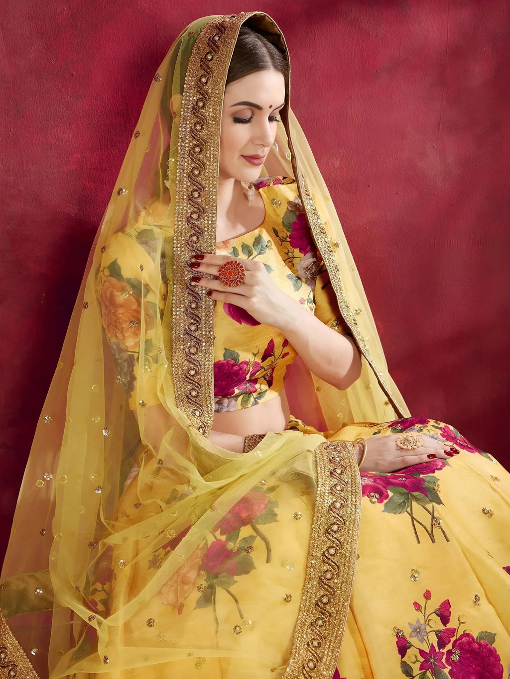 Tulsi Art Yellow Floral Printed Banglori Silk Bridal Lehenga Choli With Dupatta | Grocsy