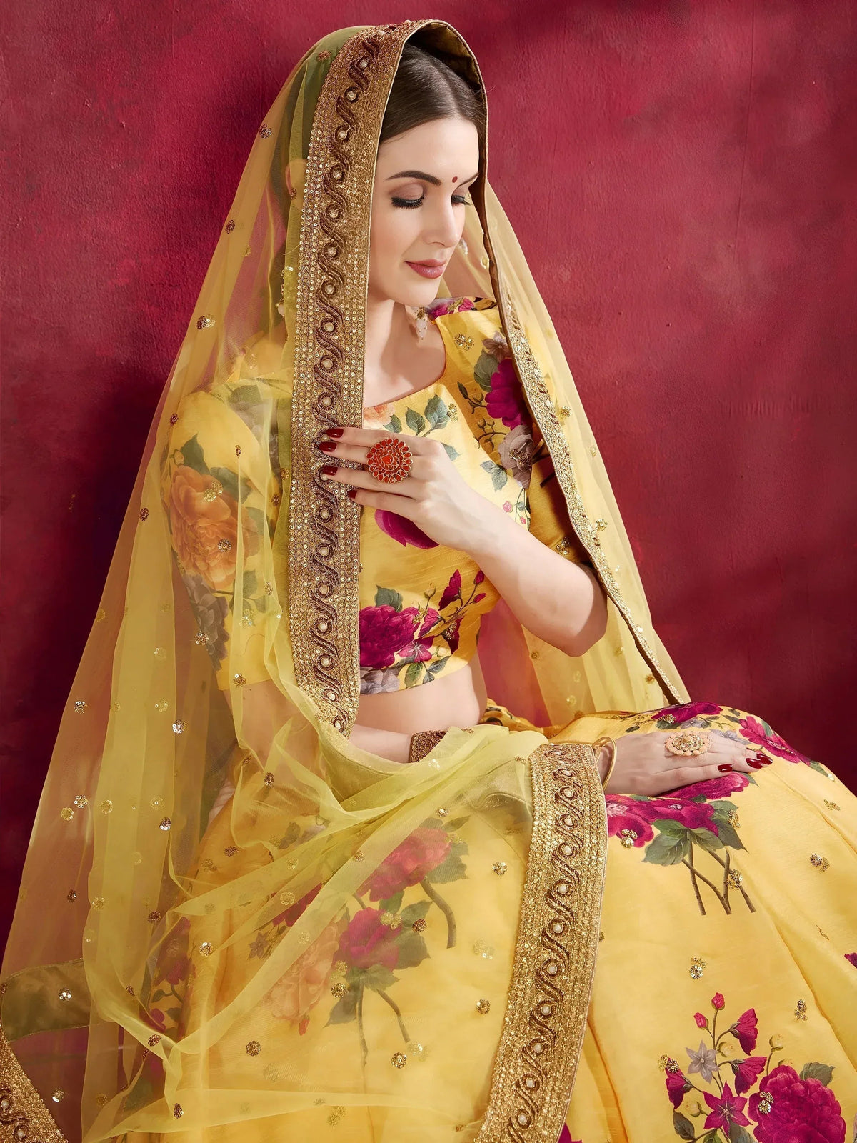 Tulsi Art Yellow Floral Printed Banglori Silk Bridal Lehenga Choli With Dupatta | Grocsy