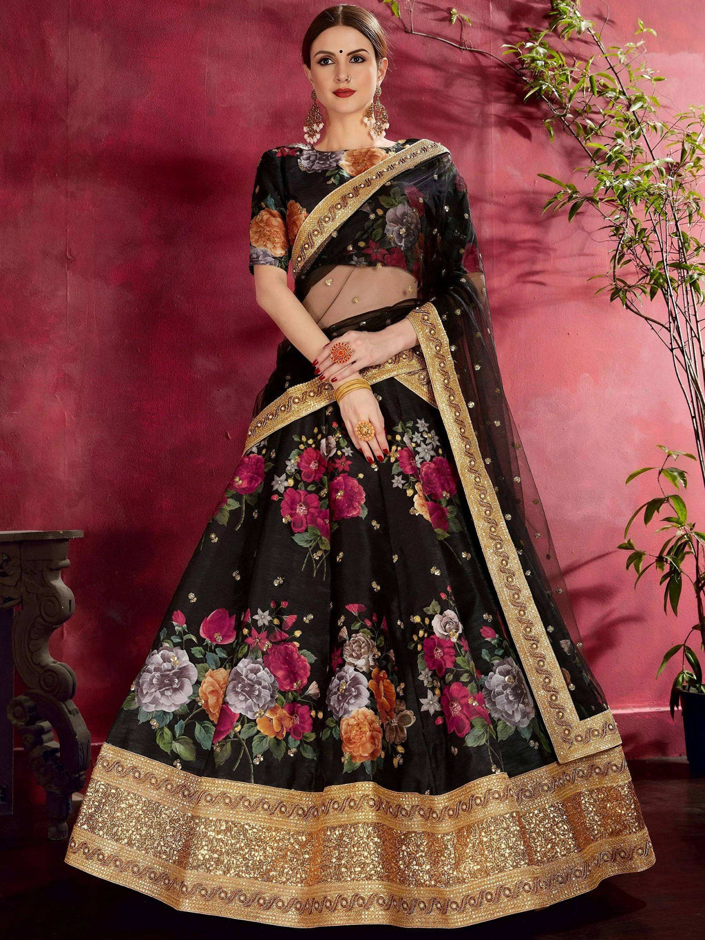 Tulsi Art Black Floral Printed Banglori Silk Bridal Lehenga Choli With Dupatta | Grocsy