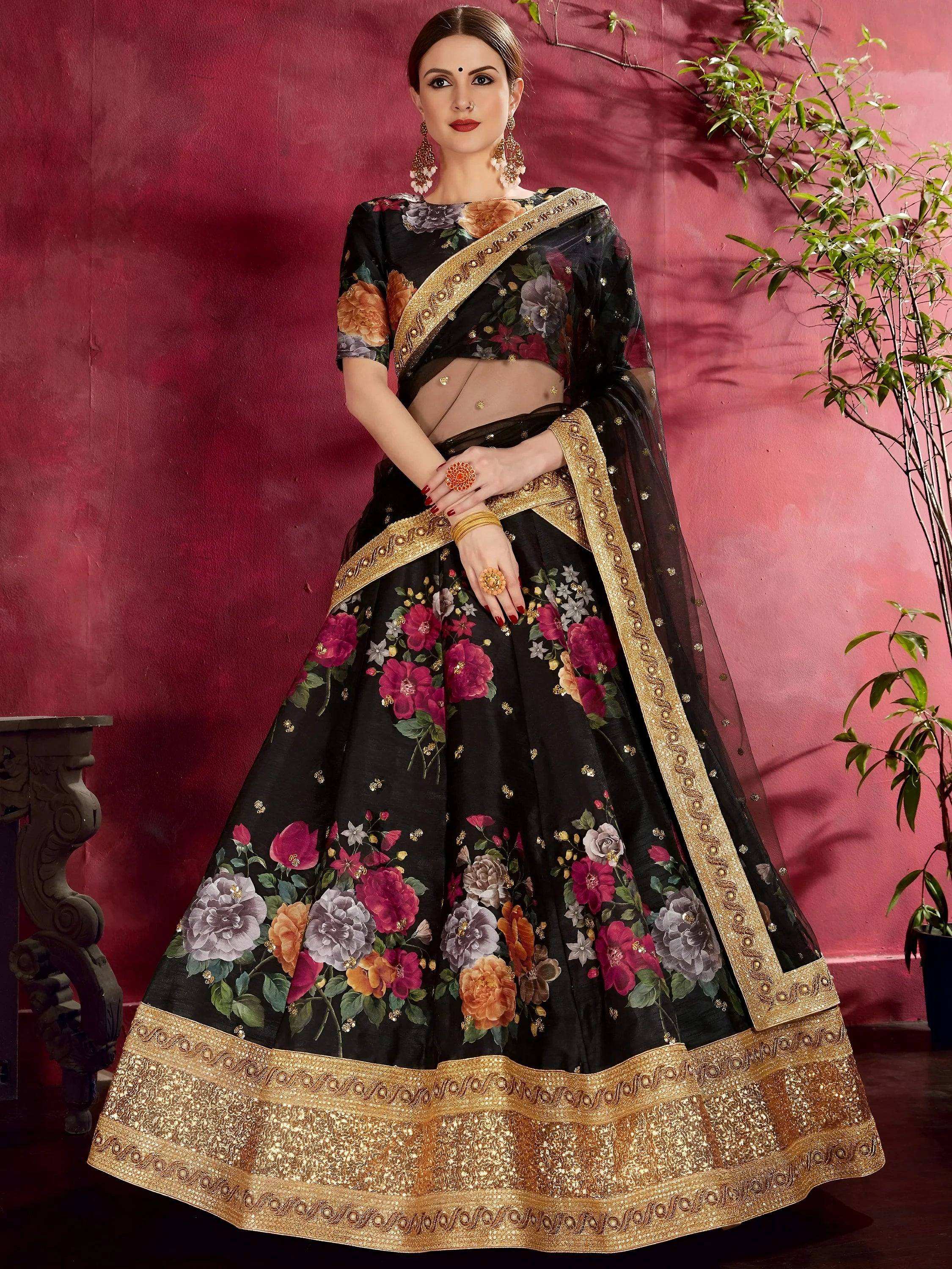 Tulsi Art Black Floral Printed Banglori Silk Bridal Lehenga Choli With Dupatta | Grocsy