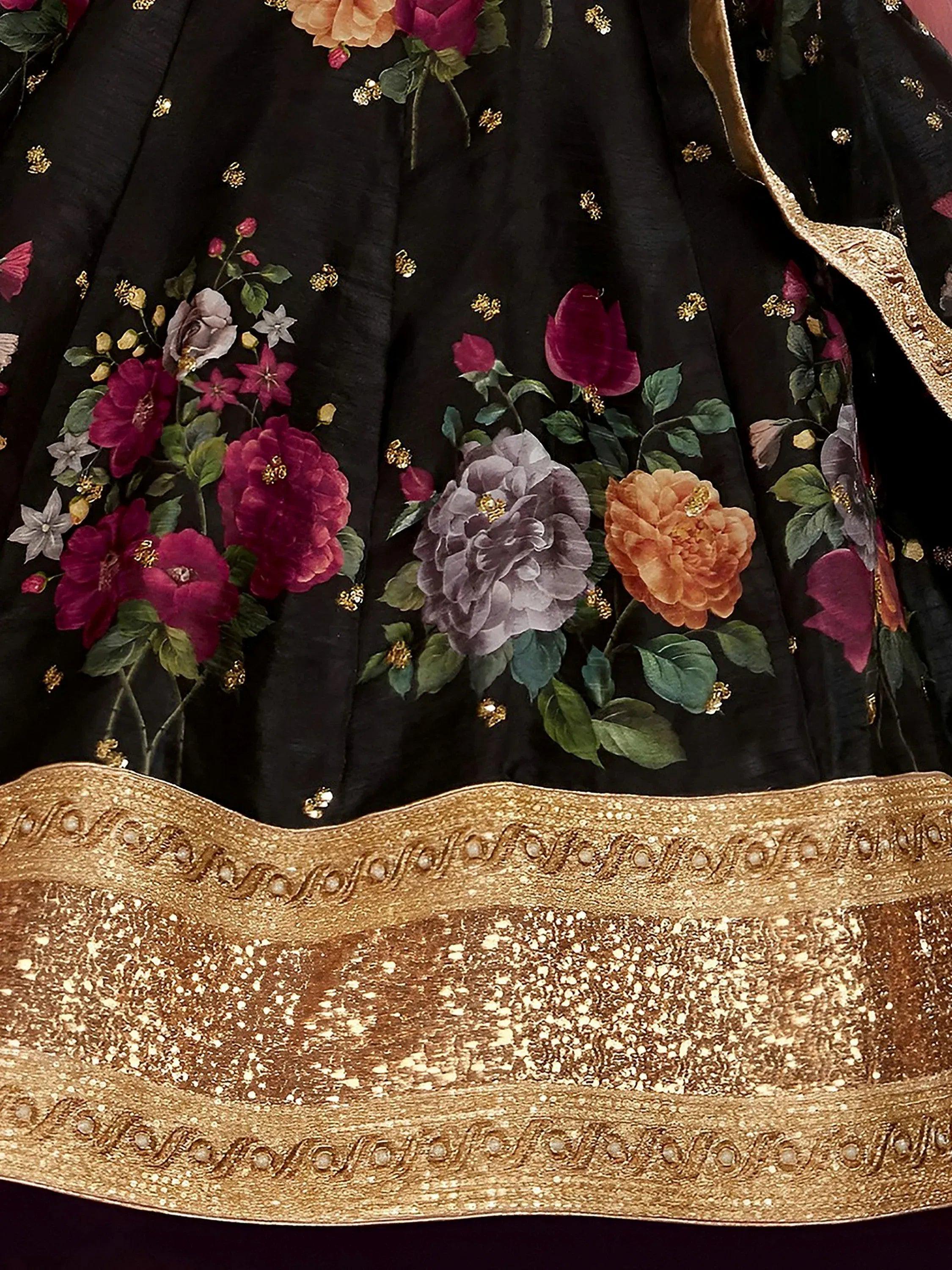 Tulsi Art Black Floral Printed Banglori Silk Bridal Lehenga Choli With Dupatta | Grocsy