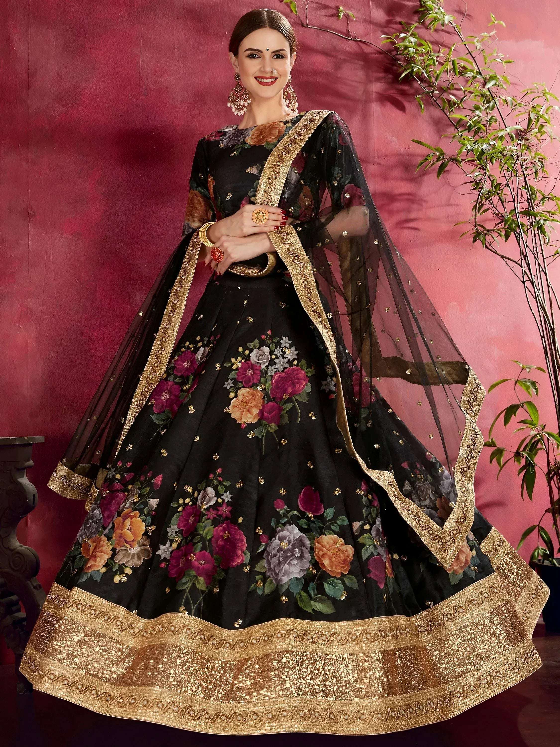 Tulsi Art Black Floral Printed Banglori Silk Bridal Lehenga Choli With Dupatta | Grocsy