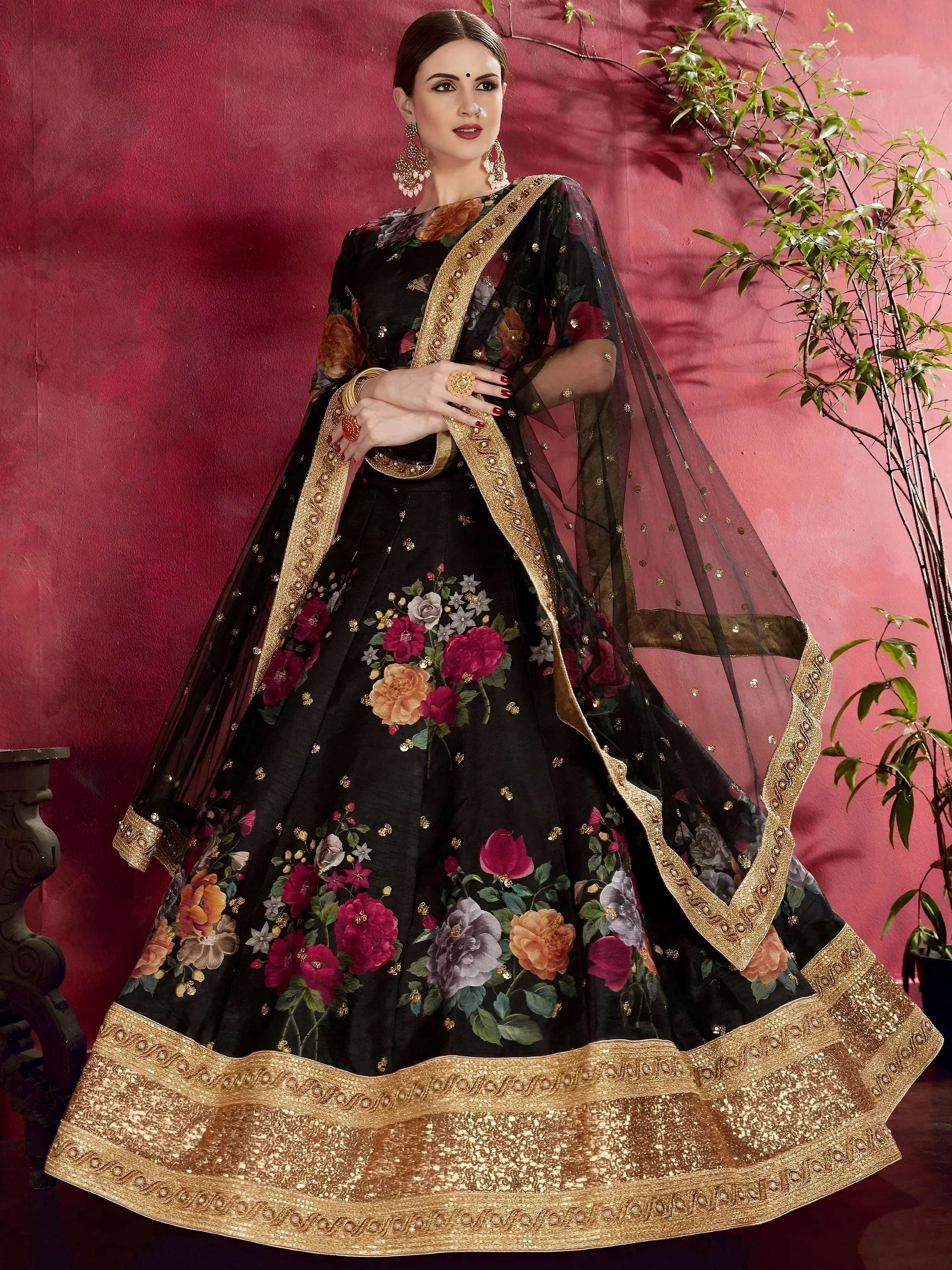 Tulsi Art Black Floral Printed Banglori Silk Bridal Lehenga Choli With Dupatta | Grocsy