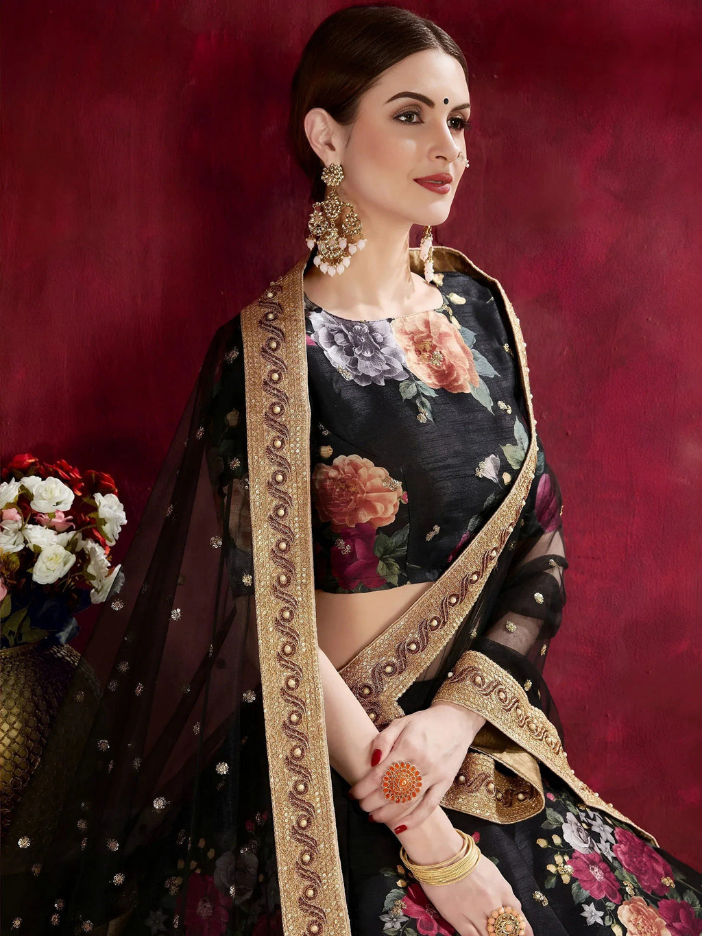 Tulsi Art Black Floral Printed Banglori Silk Bridal Lehenga Choli With Dupatta | Grocsy