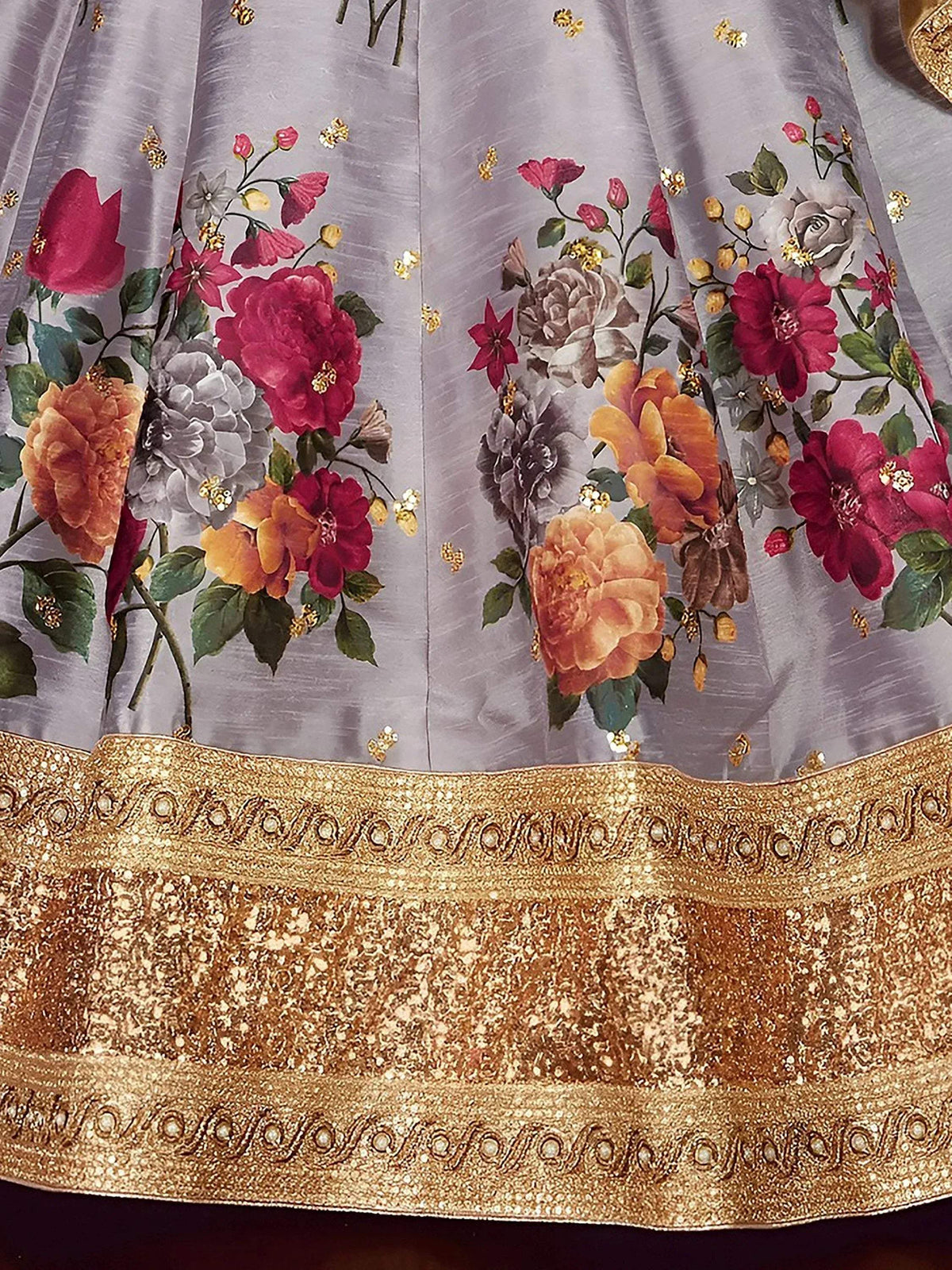 Tulsi Art Grey Floral Printed Banglori Silk Bridal Lehenga Choli With Dupatta | Grocsy