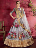 Tulsi Art Grey Floral Printed Banglori Silk Bridal Lehenga Choli With Dupatta | Grocsy