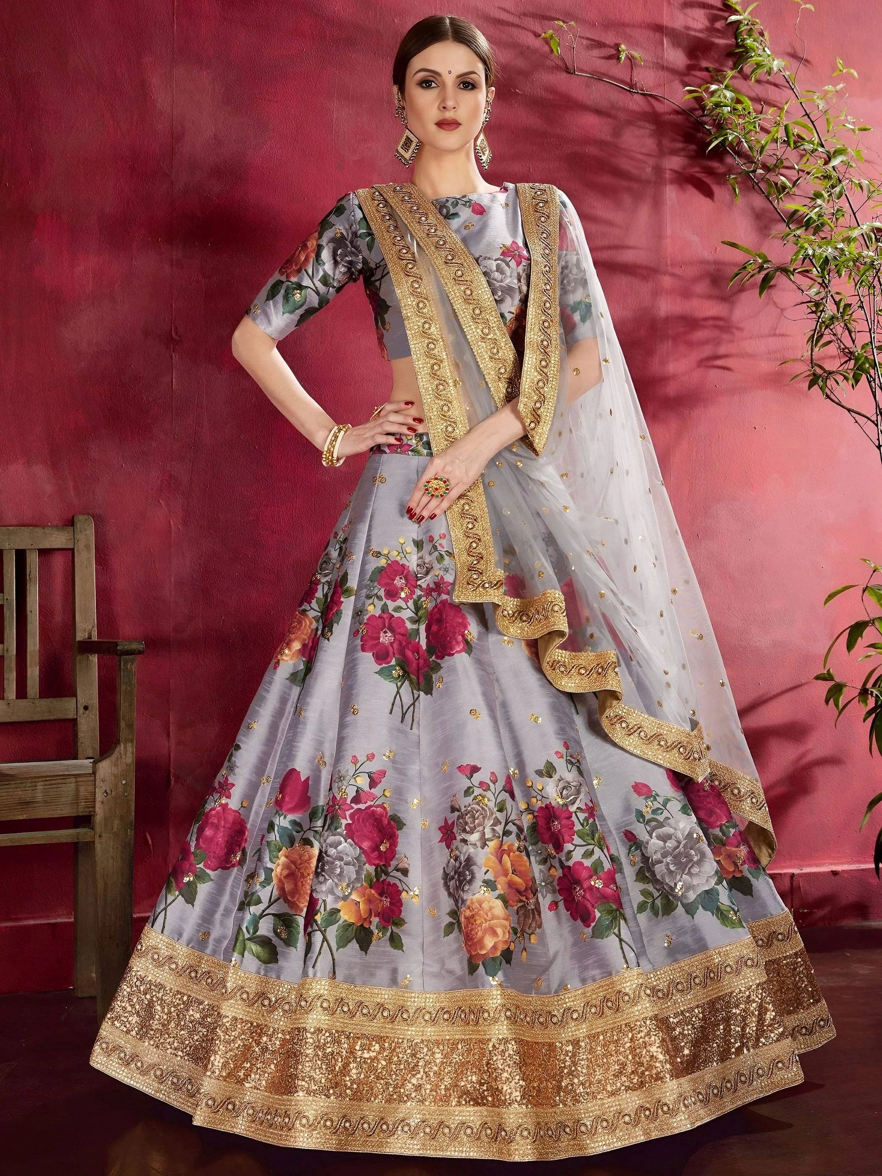 Tulsi Art Grey Floral Printed Banglori Silk Bridal Lehenga Choli With Dupatta | Grocsy