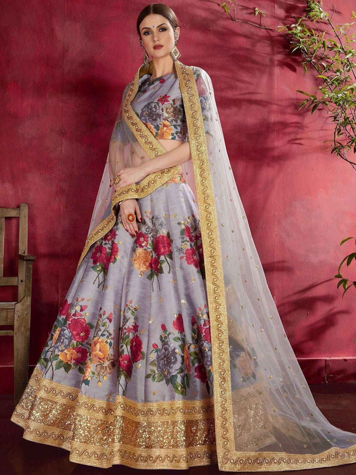 Tulsi Art Grey Floral Printed Banglori Silk Bridal Lehenga Choli With Dupatta | Grocsy