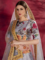 Tulsi Art Grey Floral Printed Banglori Silk Bridal Lehenga Choli With Dupatta | Grocsy