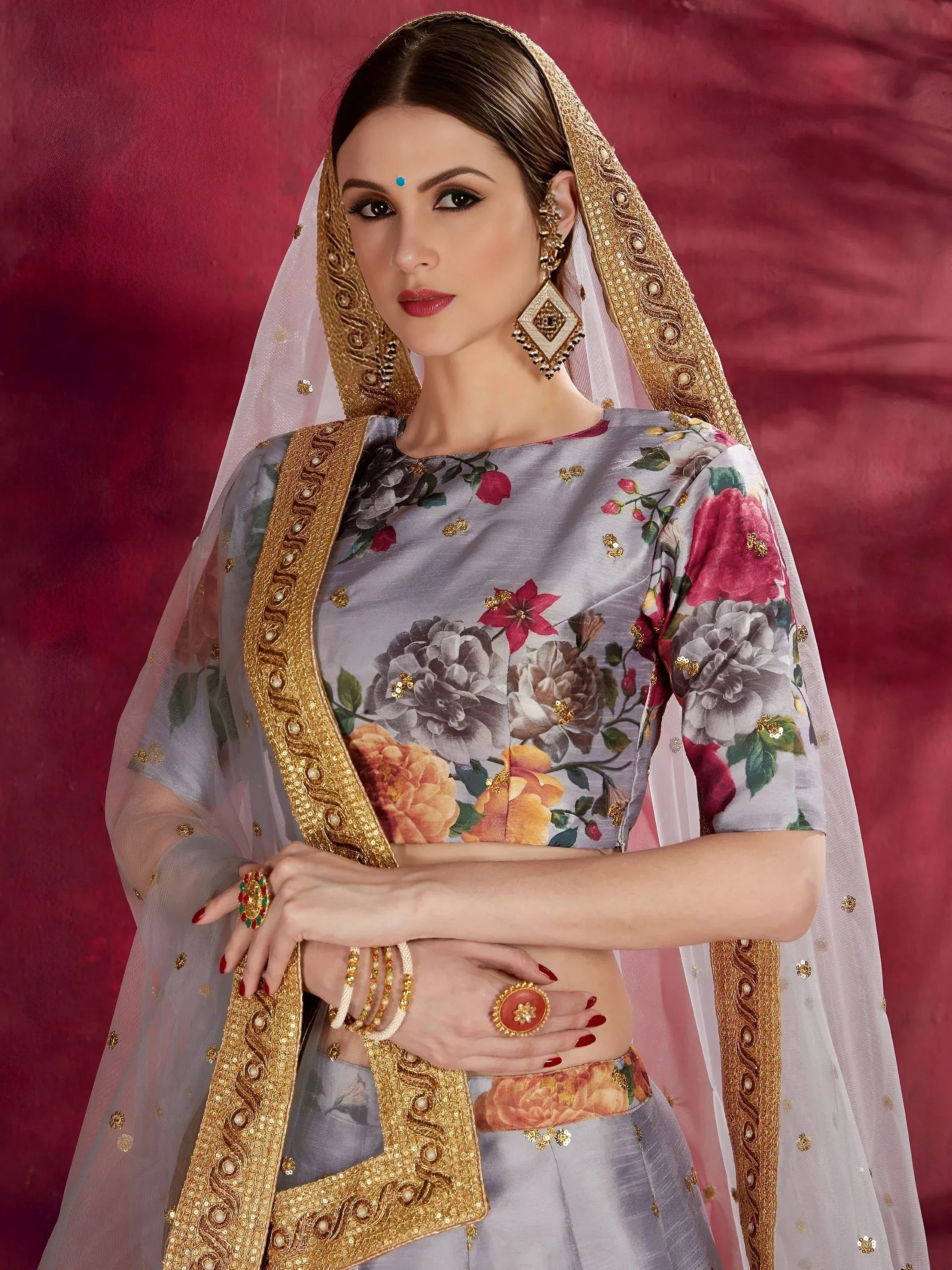 Tulsi Art Grey Floral Printed Banglori Silk Bridal Lehenga Choli With Dupatta | Grocsy