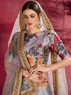 Tulsi Art Grey Floral Printed Banglori Silk Bridal Lehenga Choli With Dupatta | Grocsy