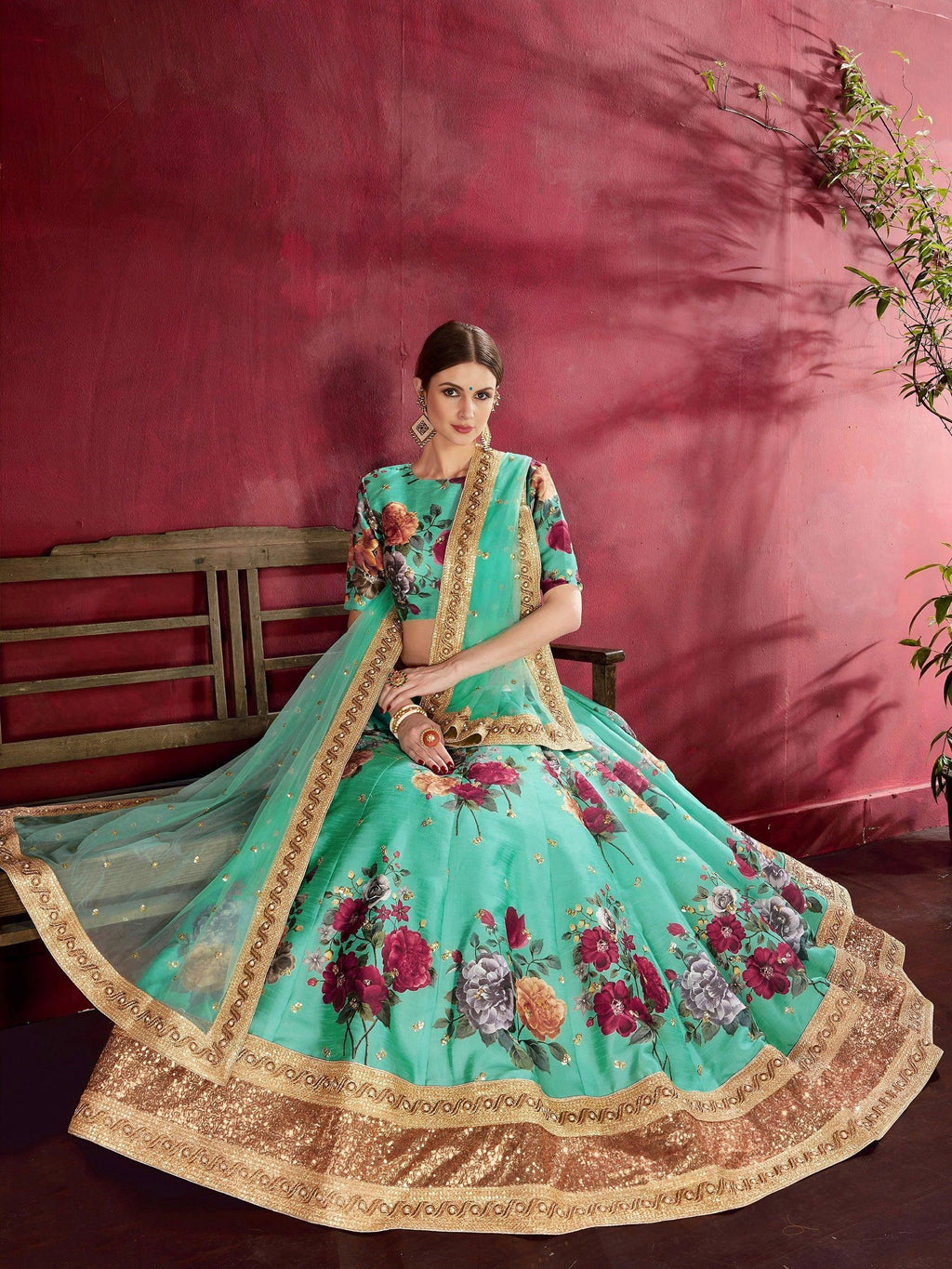 Tulsi Art Green Floral Printed Banglori Silk Bridal Lehenga Choli With Dupatta | Grocsy