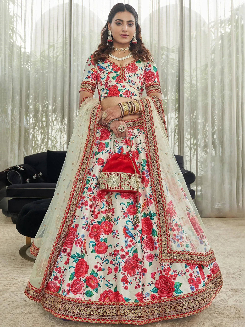 Tulsi Art Capricious Off-White Floral Printed Art Silk Lehenga Choli | Grocsy