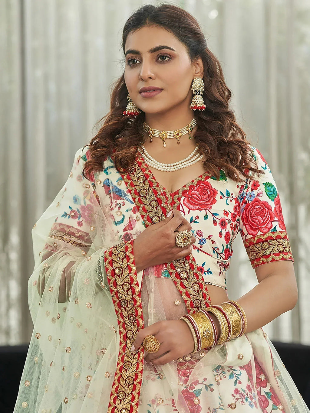 Tulsi Art Capricious Off-White Floral Printed Art Silk Lehenga Choli | Grocsy
