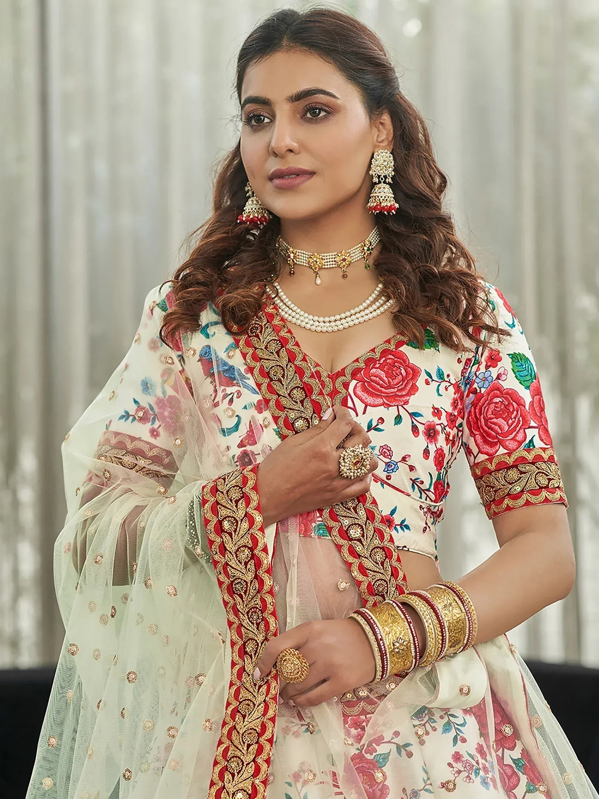 Tulsi Art Capricious Off-White Floral Printed Art Silk Lehenga Choli | Grocsy