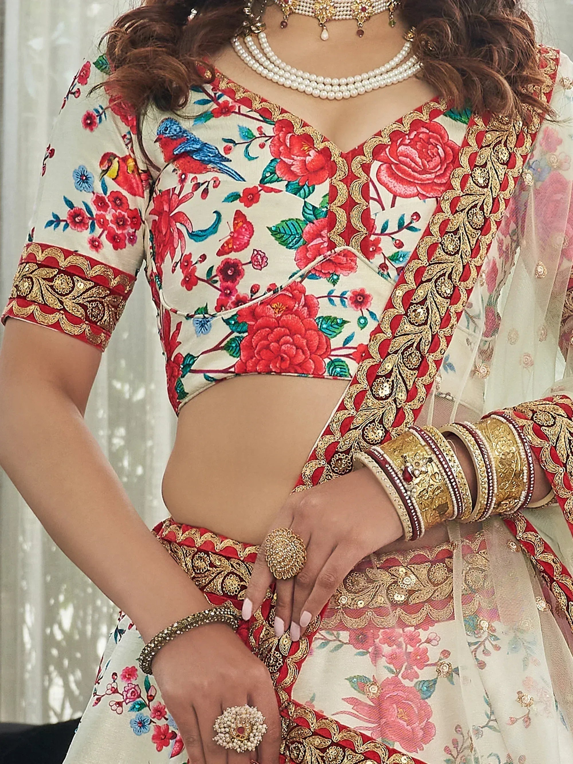 Tulsi Art Capricious Off-White Floral Printed Art Silk Lehenga Choli | Grocsy