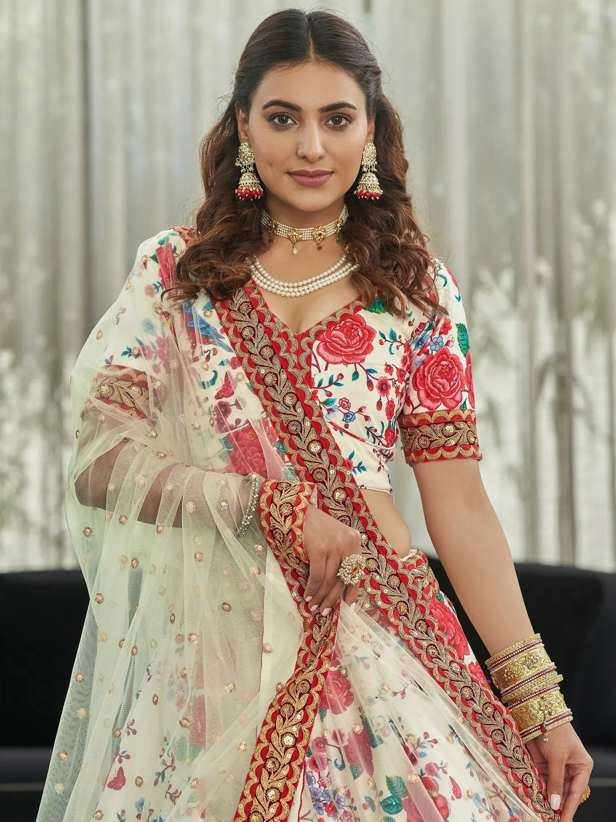 Tulsi Art Capricious Off-White Floral Printed Art Silk Lehenga Choli | Grocsy
