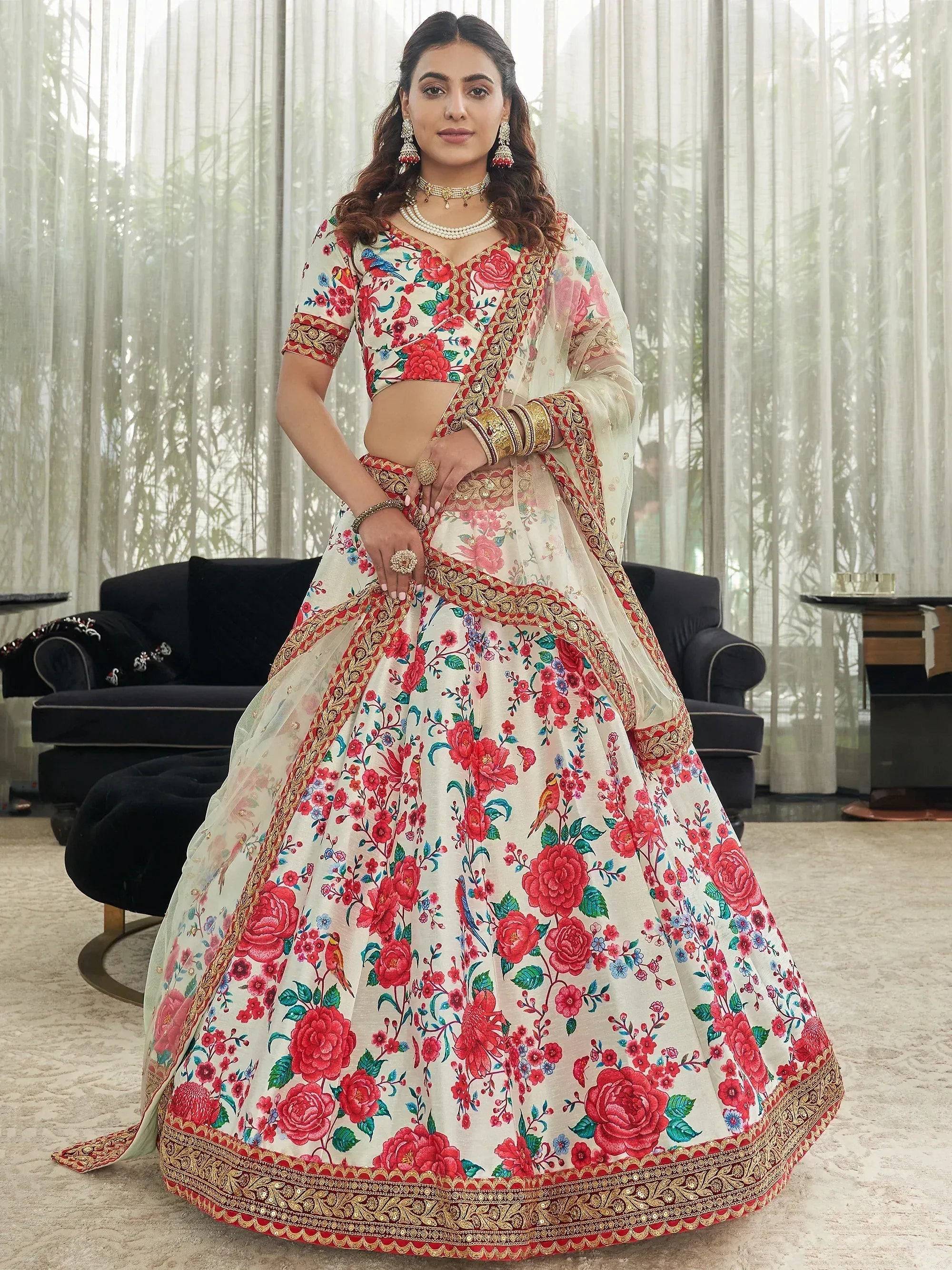 Tulsi Art Capricious Off-White Floral Printed Art Silk Lehenga Choli | Grocsy