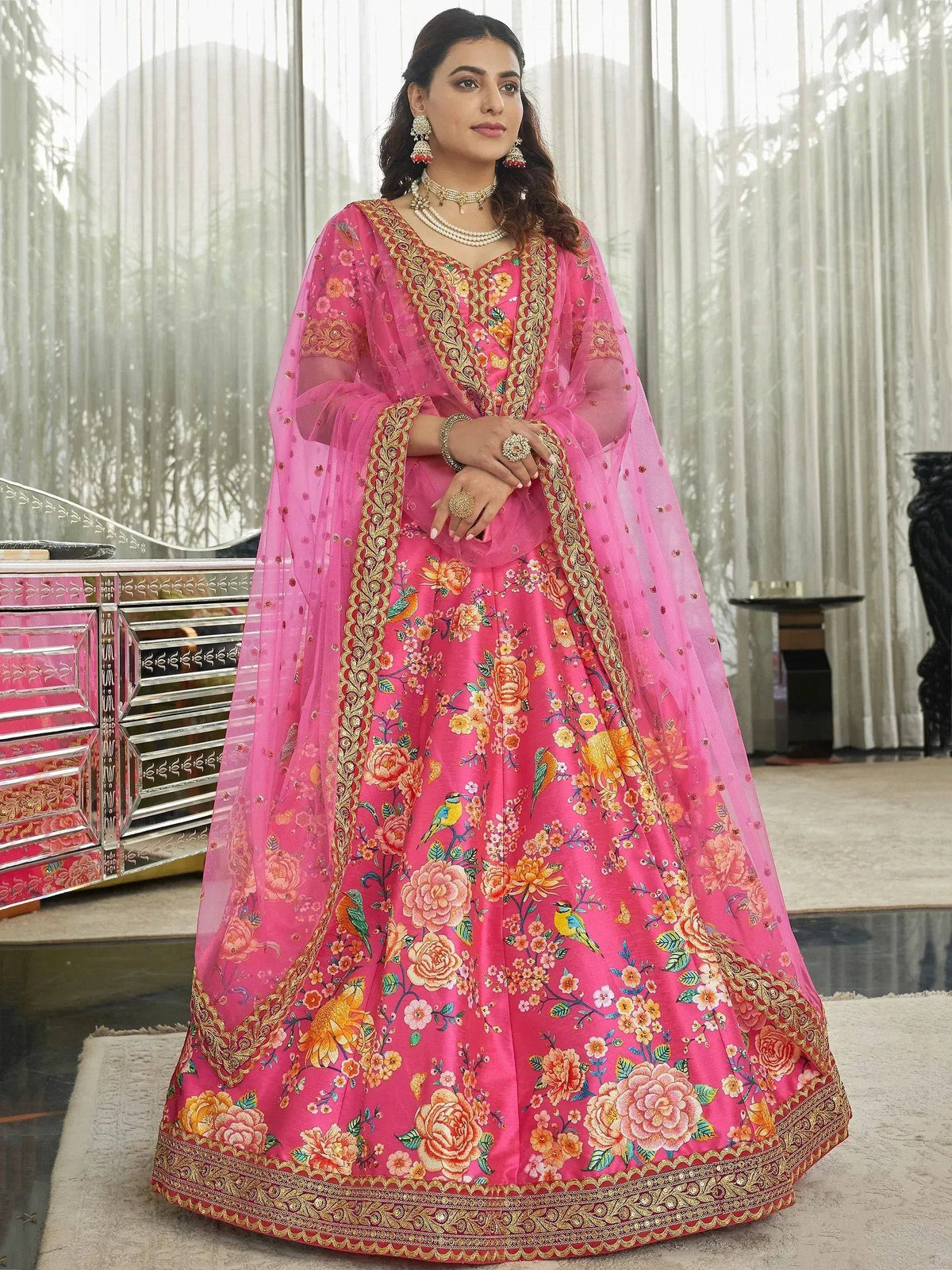 Tulsi Art Marvelous Deep Pink Floral Printed Art Silk Lehenga Choli With Dupatta | Grocsy