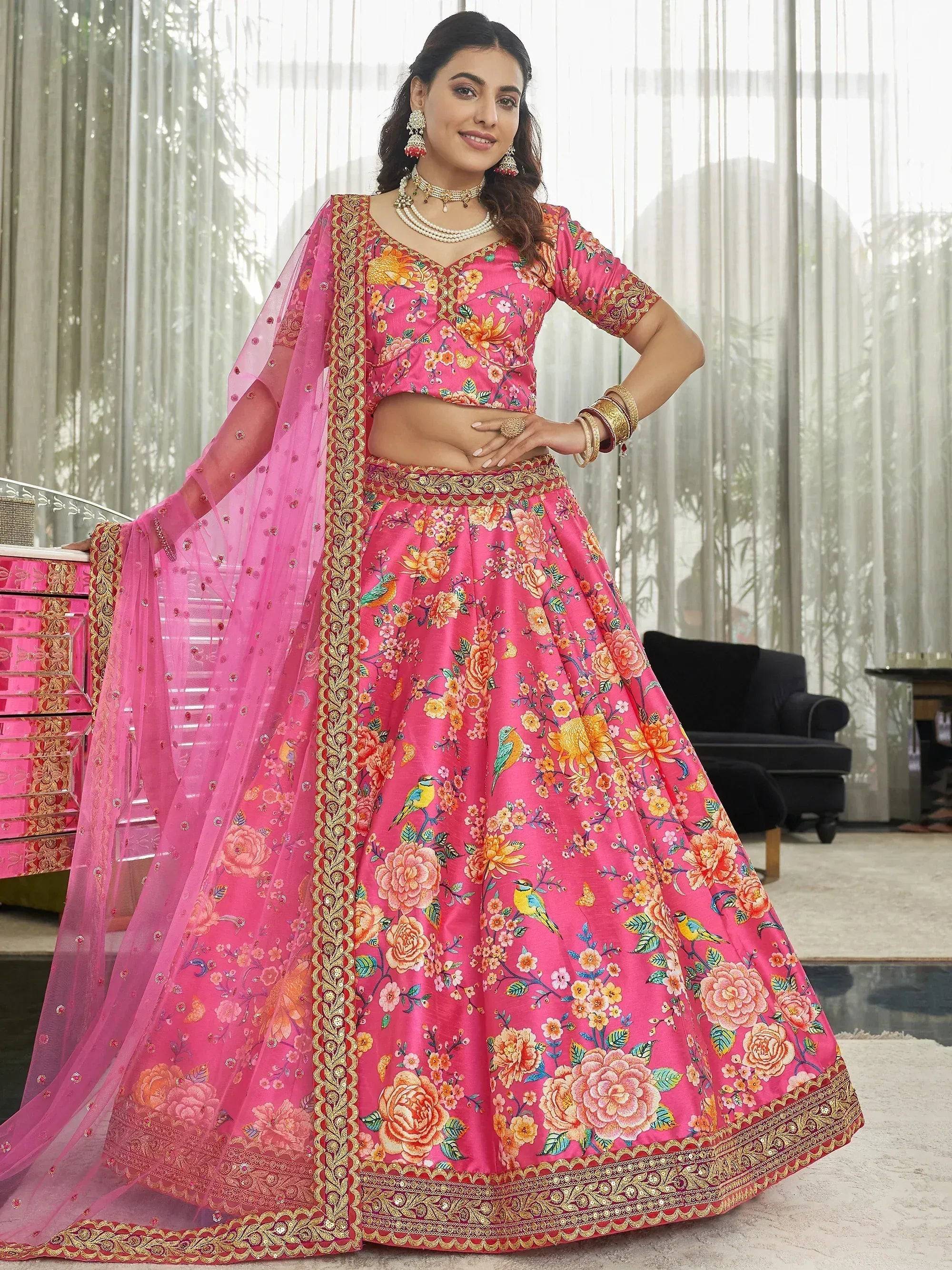 Tulsi Art Marvelous Deep Pink Floral Printed Art Silk Lehenga Choli With Dupatta | Grocsy