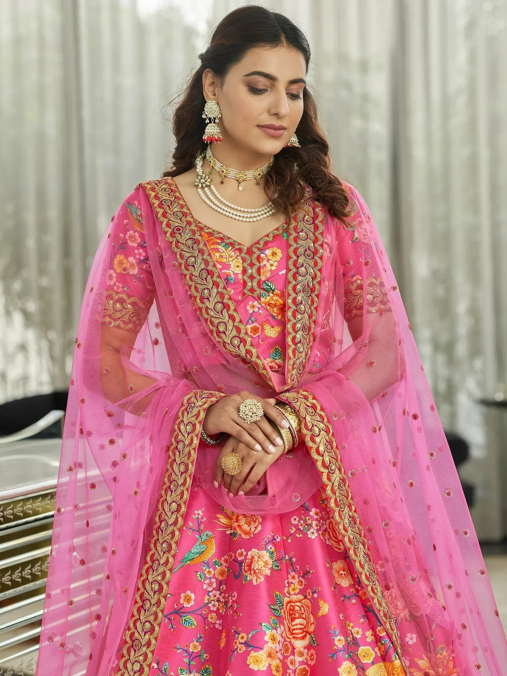 Tulsi Art Marvelous Deep Pink Floral Printed Art Silk Lehenga Choli With Dupatta | Grocsy