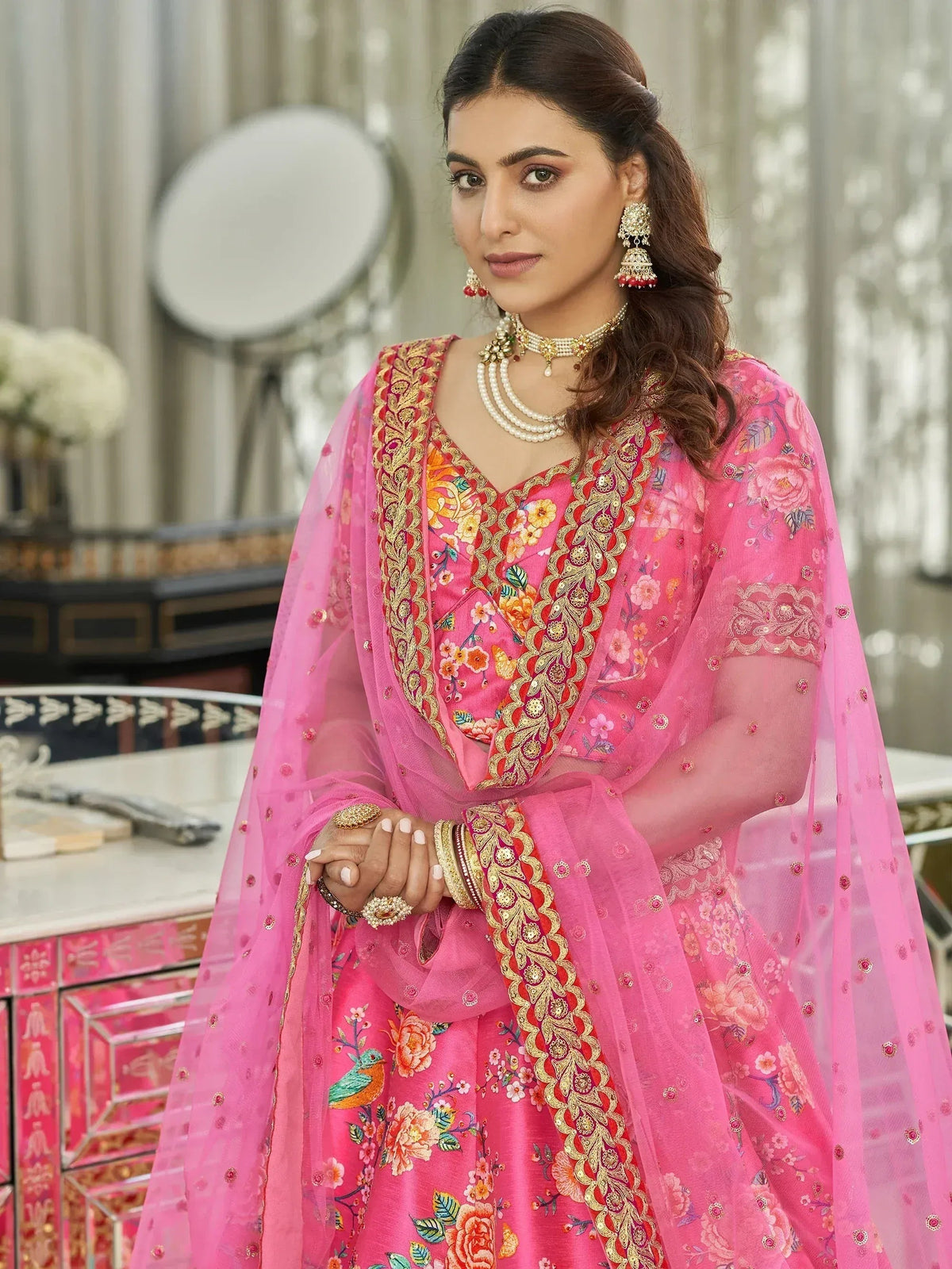 Tulsi Art Marvelous Deep Pink Floral Printed Art Silk Lehenga Choli With Dupatta | Grocsy