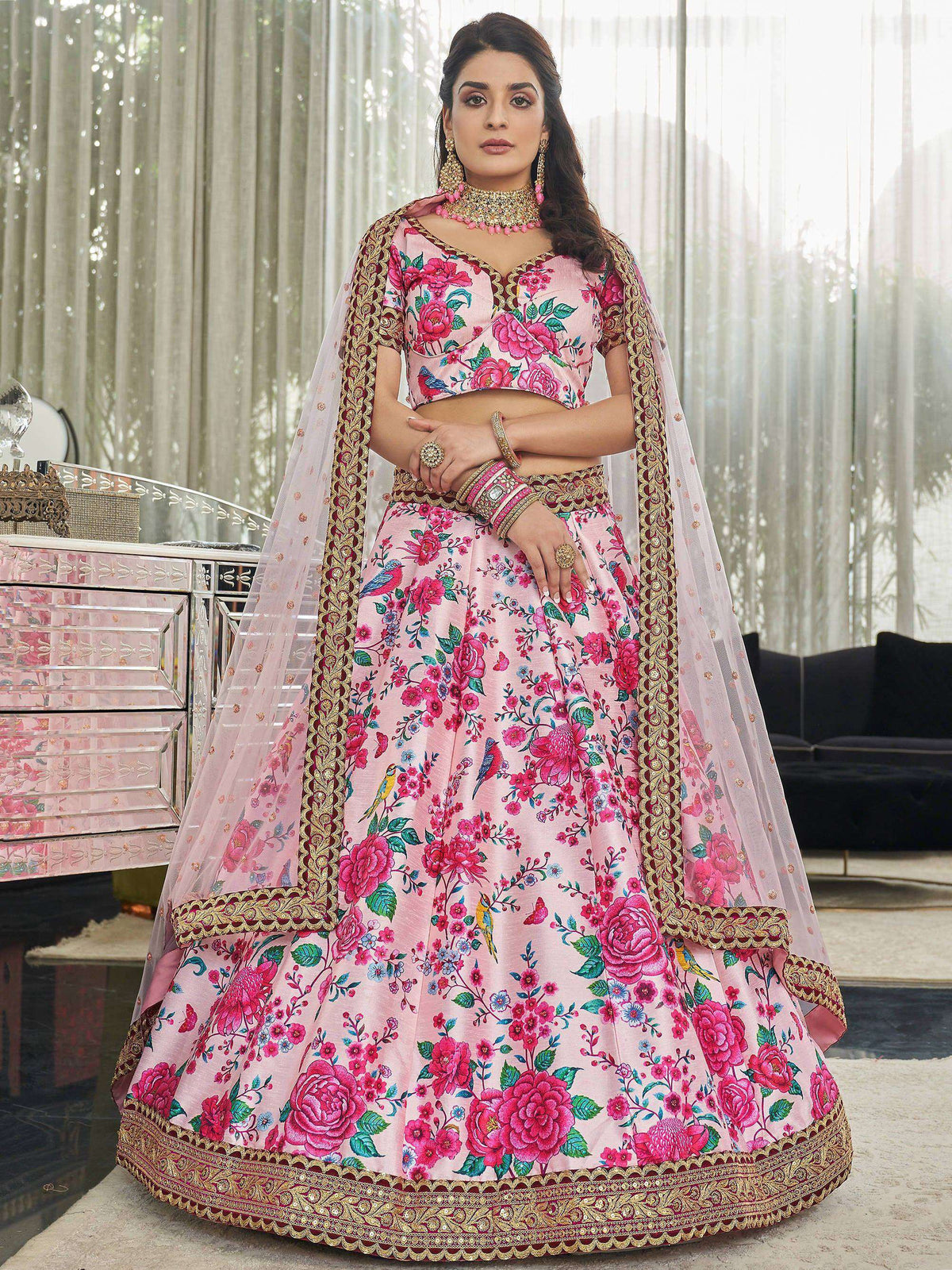 Tulsi Art Ravishing Light Pink Floral Printed Art Silk Lehenga Choli | Grocsy