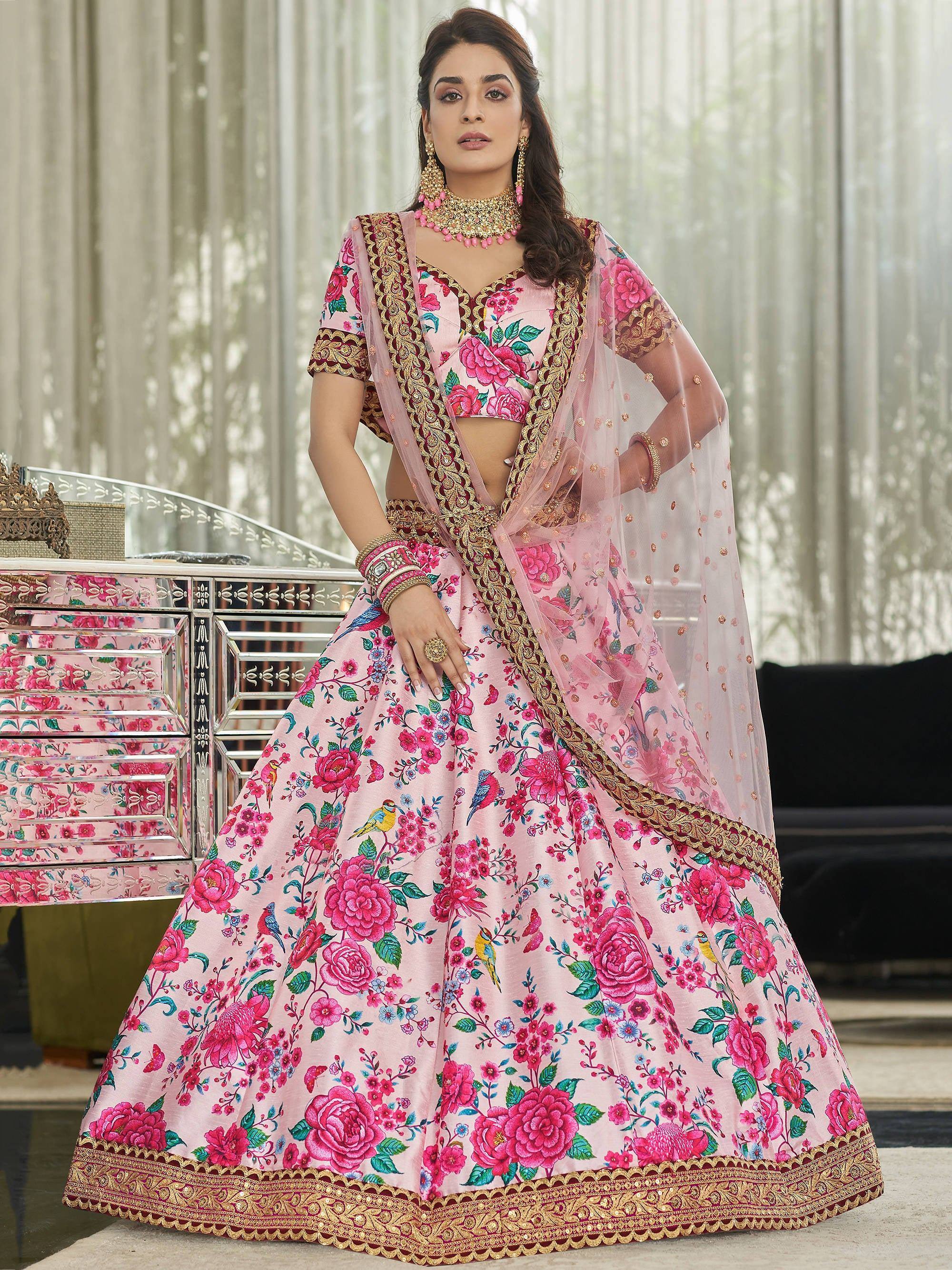 Tulsi Art Ravishing Light Pink Floral Printed Art Silk Lehenga Choli | Grocsy