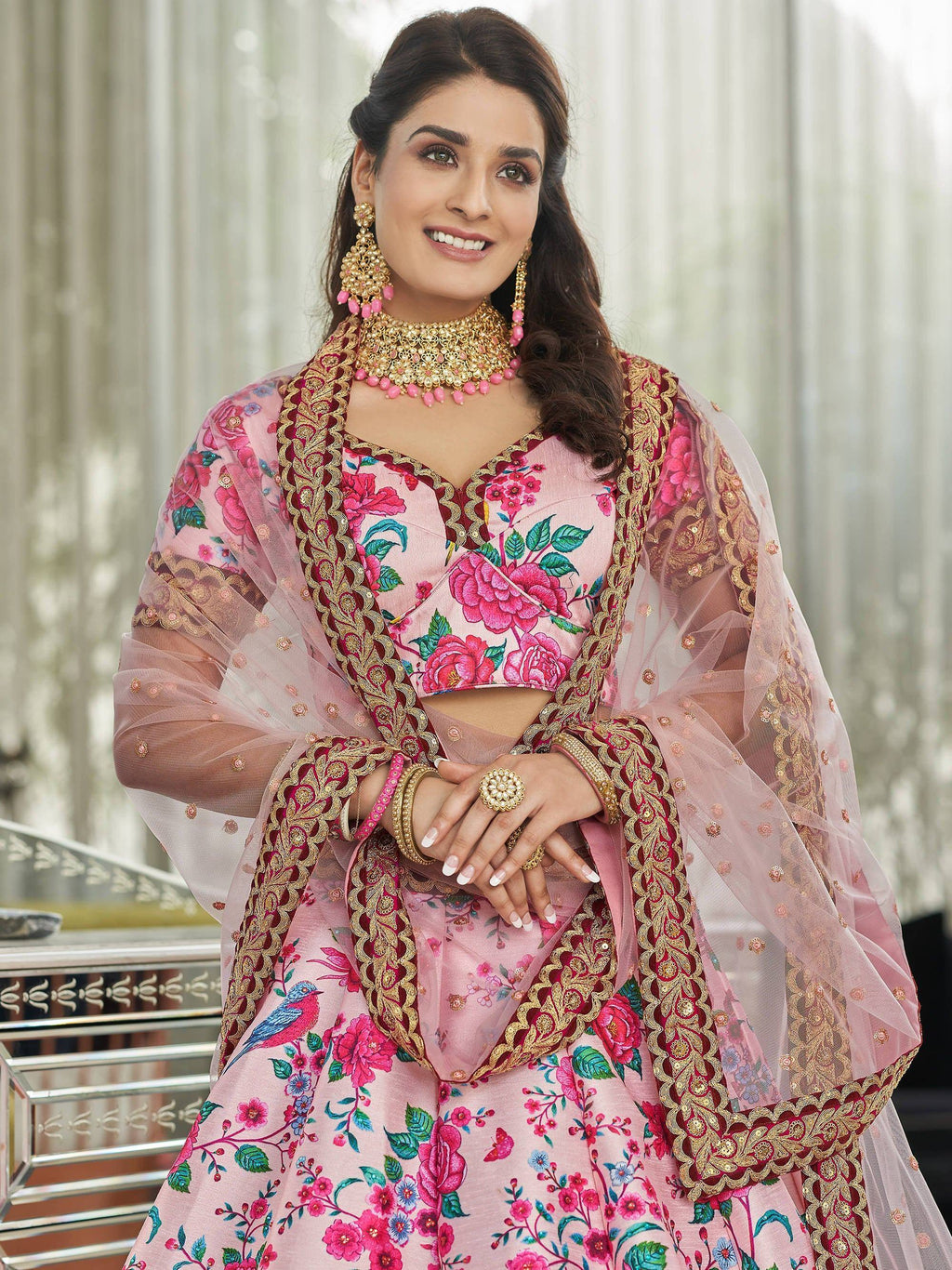 Tulsi Art Ravishing Light Pink Floral Printed Art Silk Lehenga Choli | Grocsy