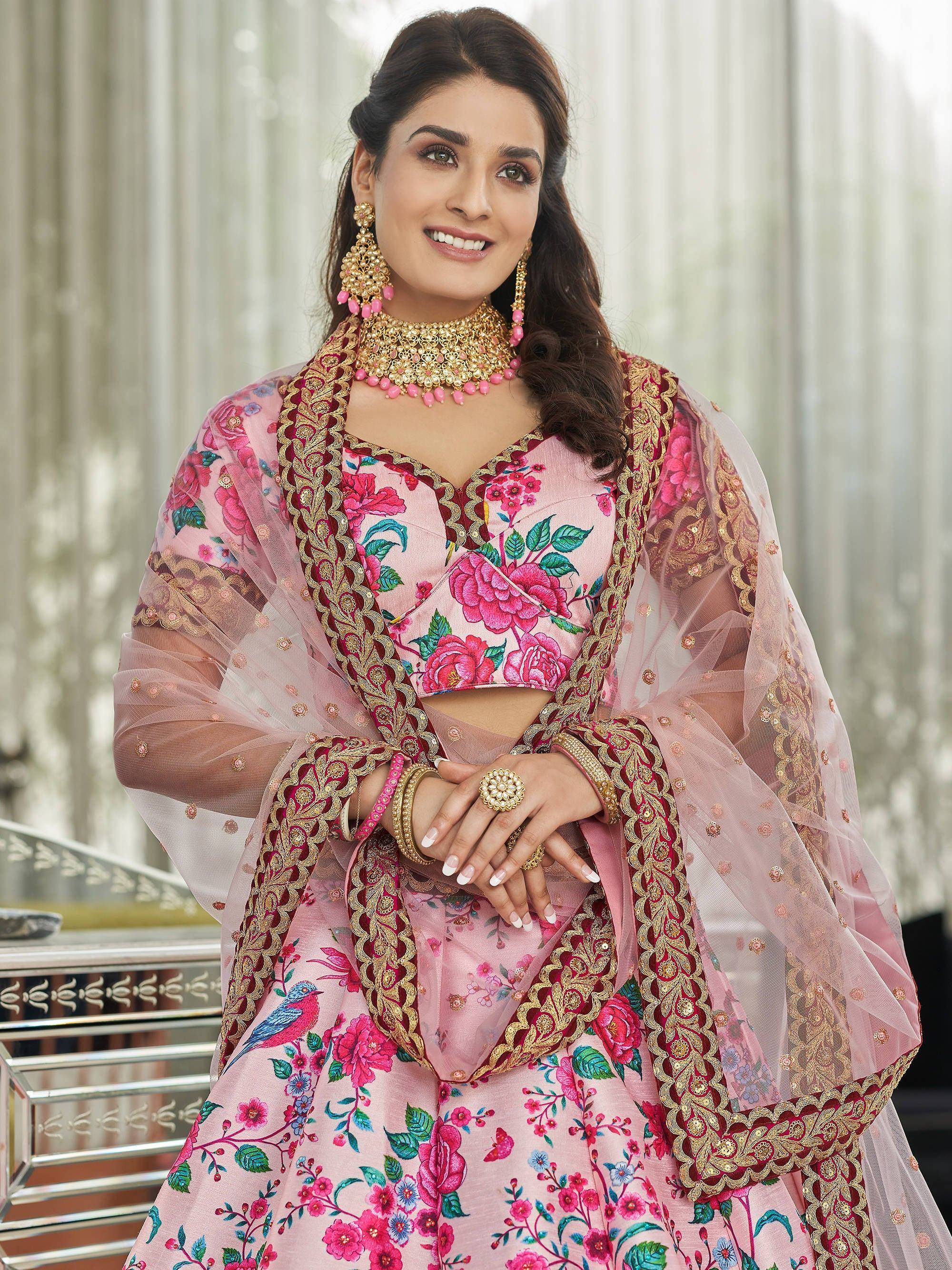 Tulsi Art Ravishing Light Pink Floral Printed Art Silk Lehenga Choli | Grocsy