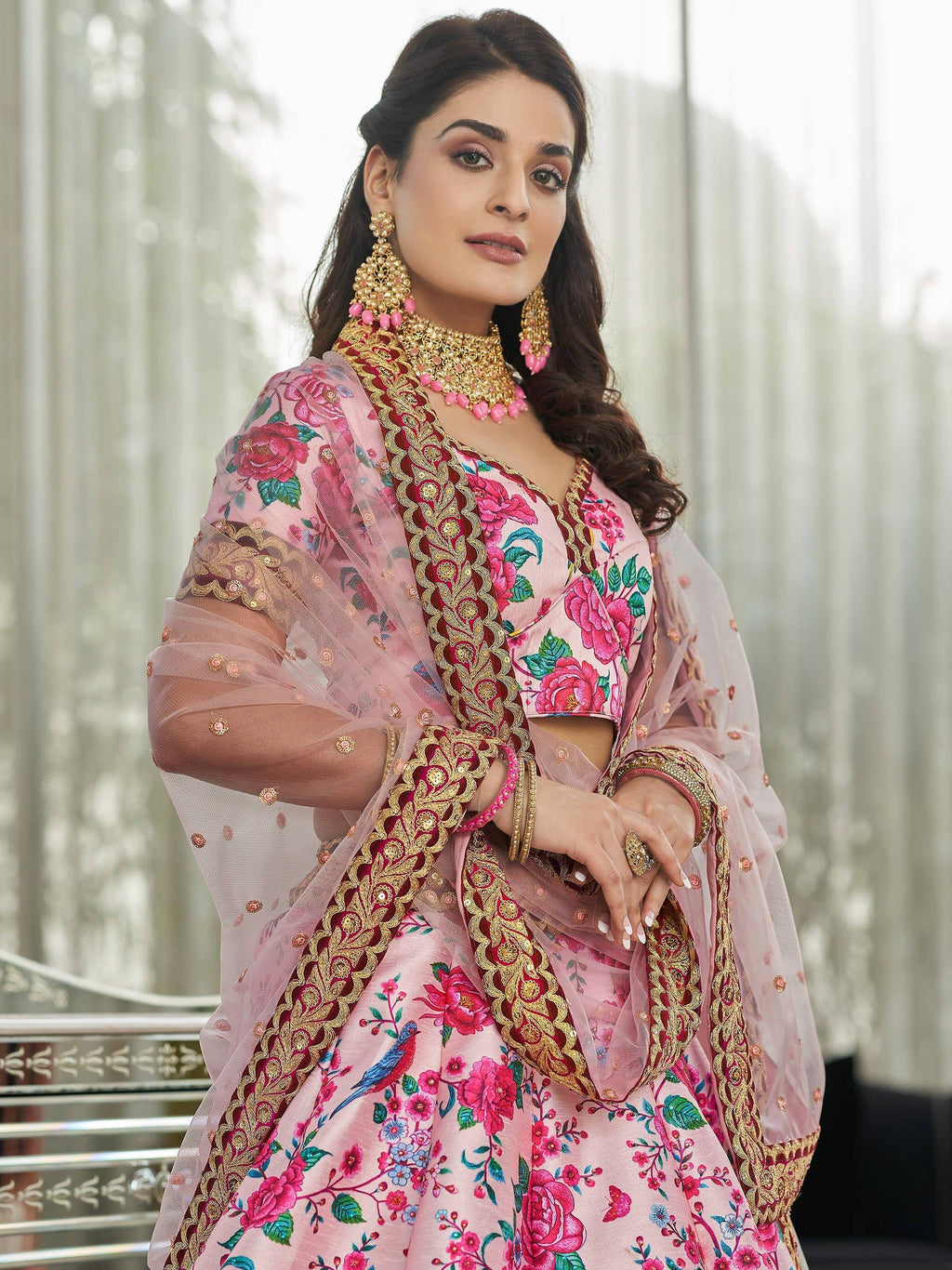 Tulsi Art Ravishing Light Pink Floral Printed Art Silk Lehenga Choli | Grocsy