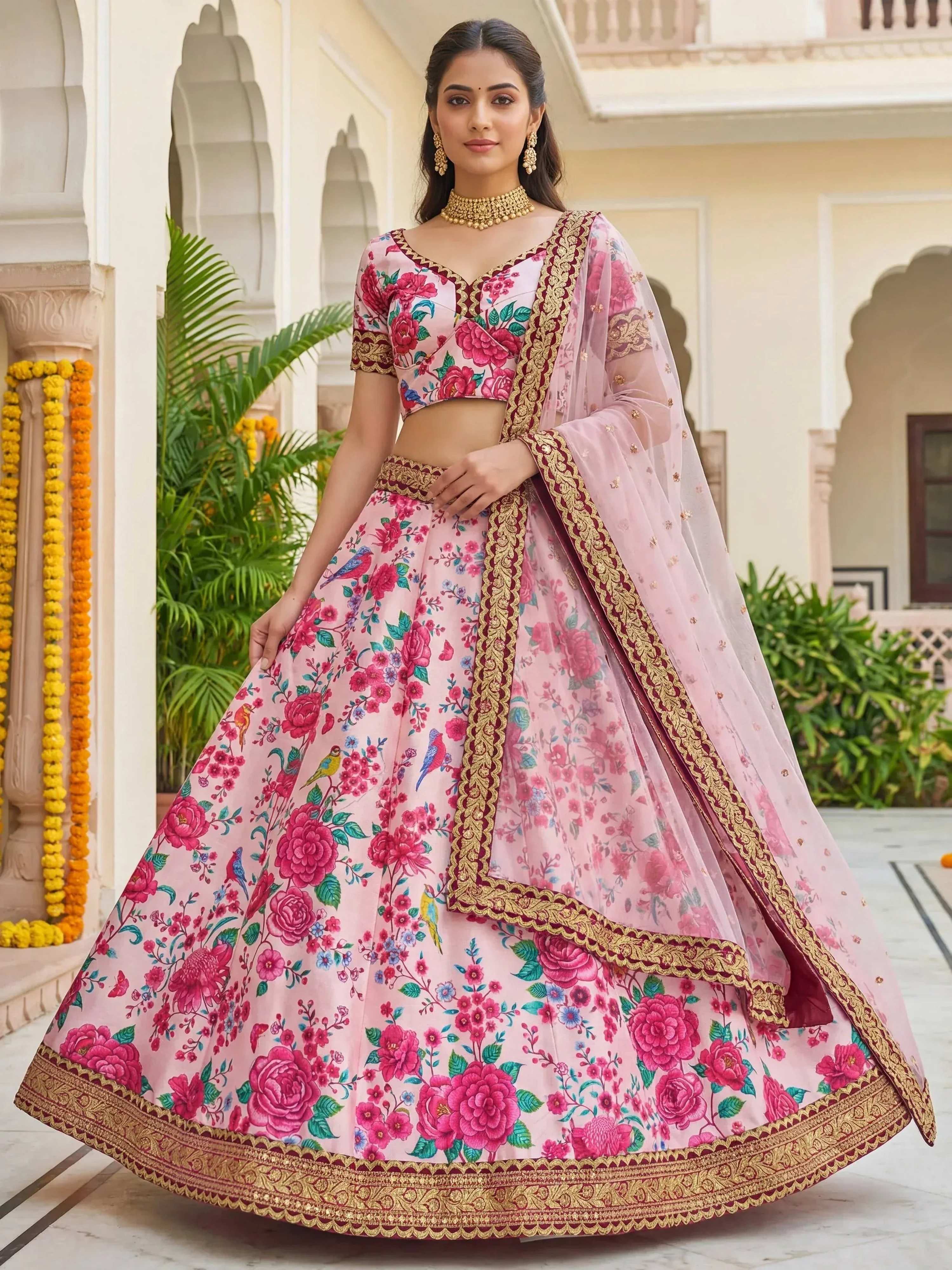 Tulsi Art Captivating Light Pink Floral Printed Silk Festival Wear Lehenga Choli | Grocsy